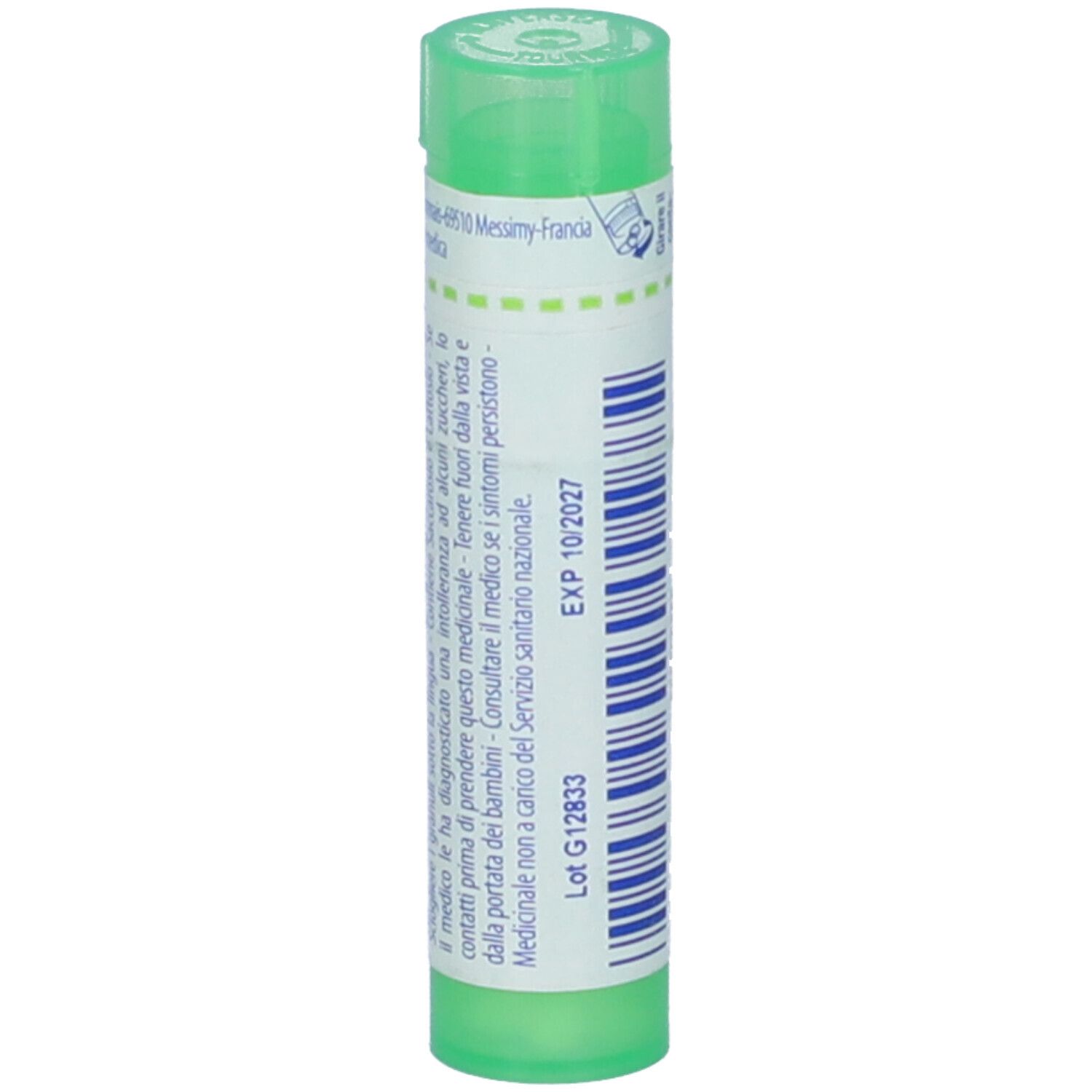 Tubo verde con etichetta bianca. Scritta: Lithium carbonicum 5 ch. Marchio: BOIRON. Vista posteriore con data di scadenza.