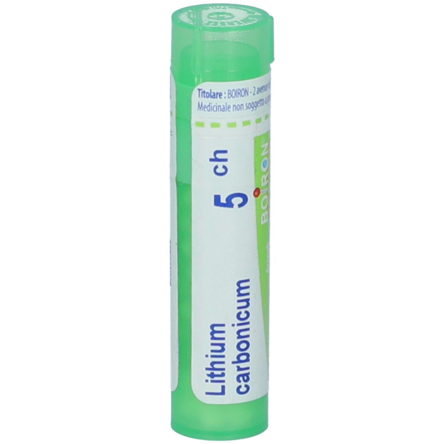 Tubo verde con etichetta bianca. Scritta: Lithium carbonicum 5 ch. Marchio: BOIRON. Vista verticale.