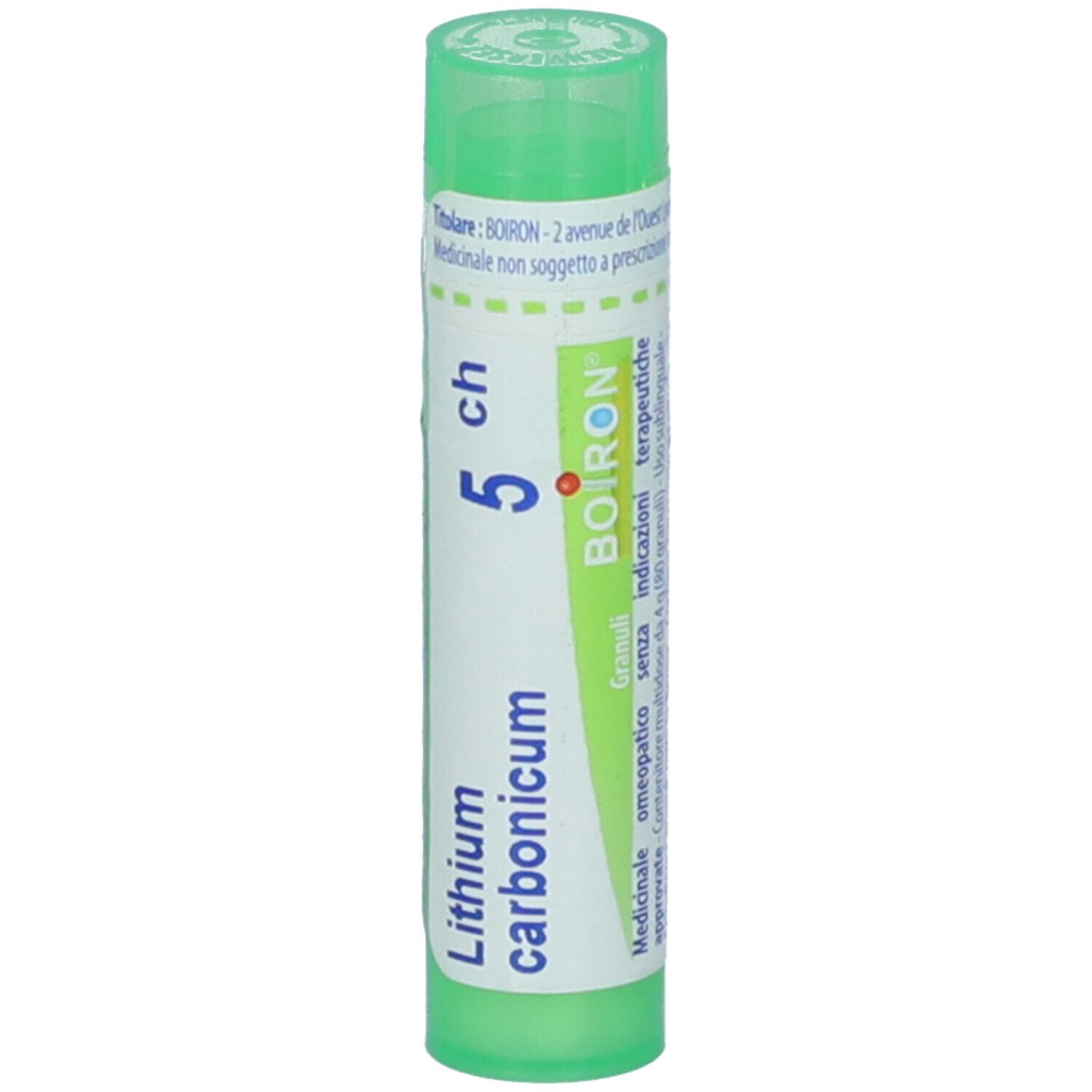 Tubo verde con etichetta bianca. Scritta: Lithium carbonicum 5 ch. Marchio: BOIRON. Vista verticale.
