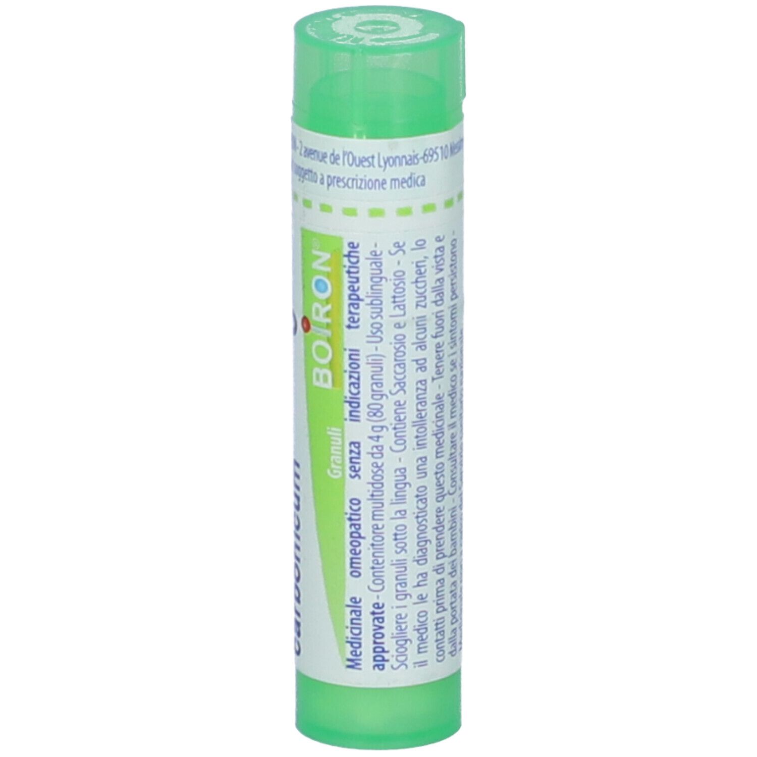 Tubo verde con etichetta bianca. Scritta: Lithium carbonicum Granuli. Marchio: BOIRON. Vista dettagliata.