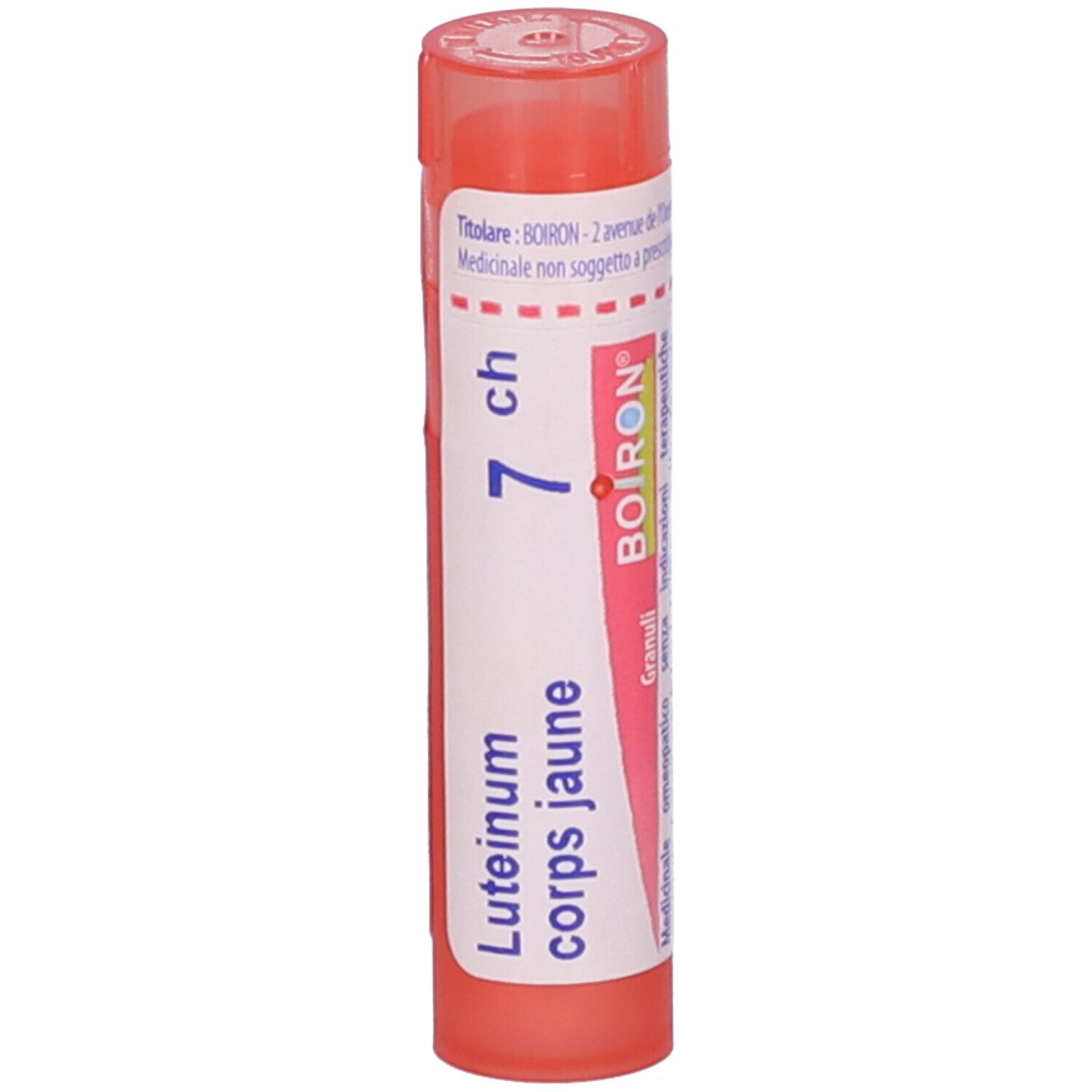Confezione cilindrica di Luteinum corps jaune 7 ch BOIRON. Scritta bianca su sfondo rosa. Tappo arancione.