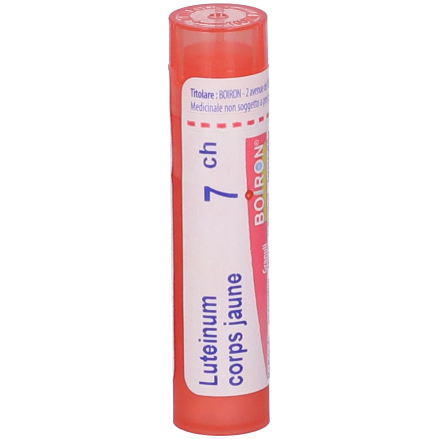 Confezione cilindrica di Luteinum corps jaune 7 ch BOIRON. Scritta bianca su sfondo rosa. Tappo arancione.