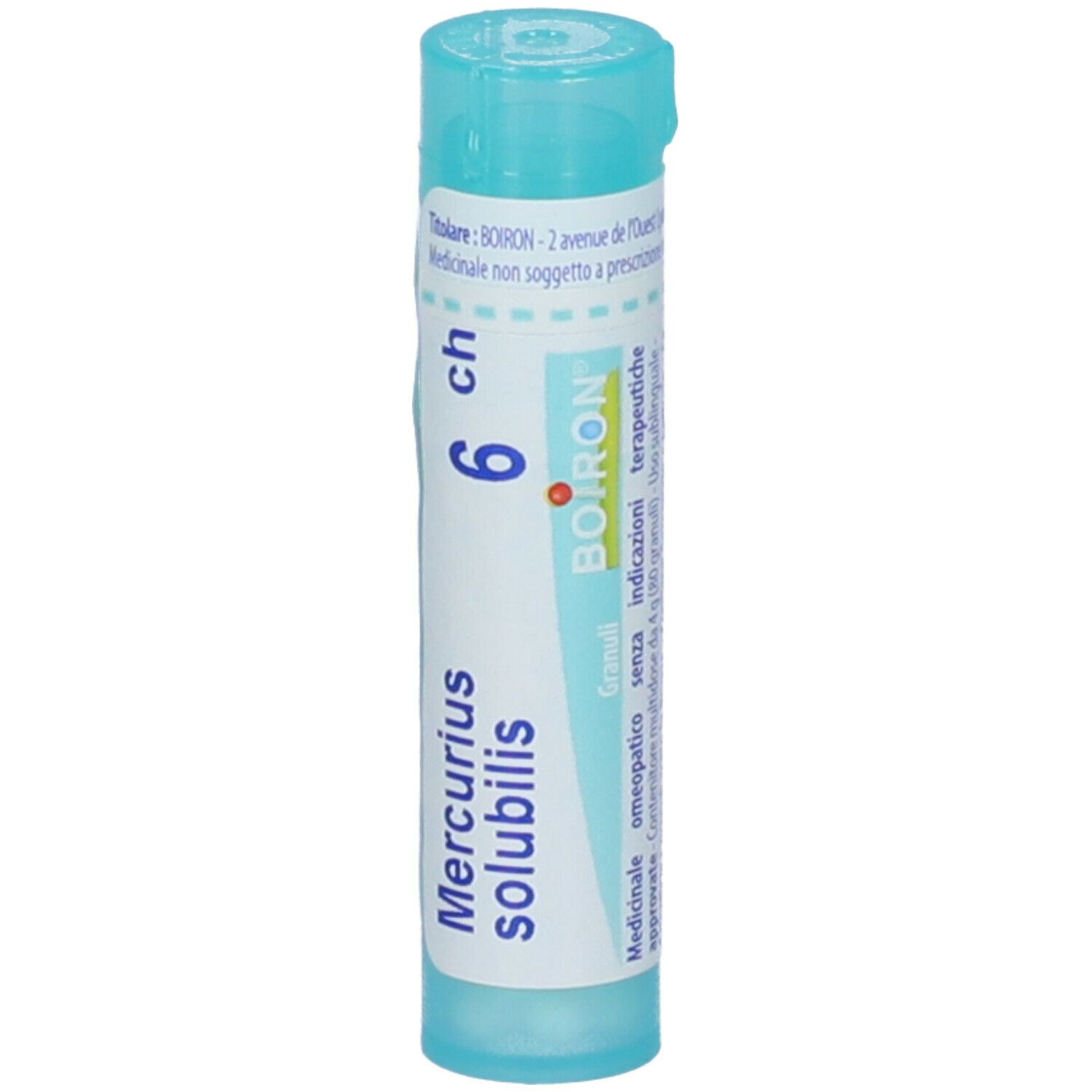 Confezione cilindrica BOIRON® Mercurius solubilis 6Ch Granuli. Scritta: Mercurius solubilis, 6 ch, Granuli, BOIRON. Tappo blu.