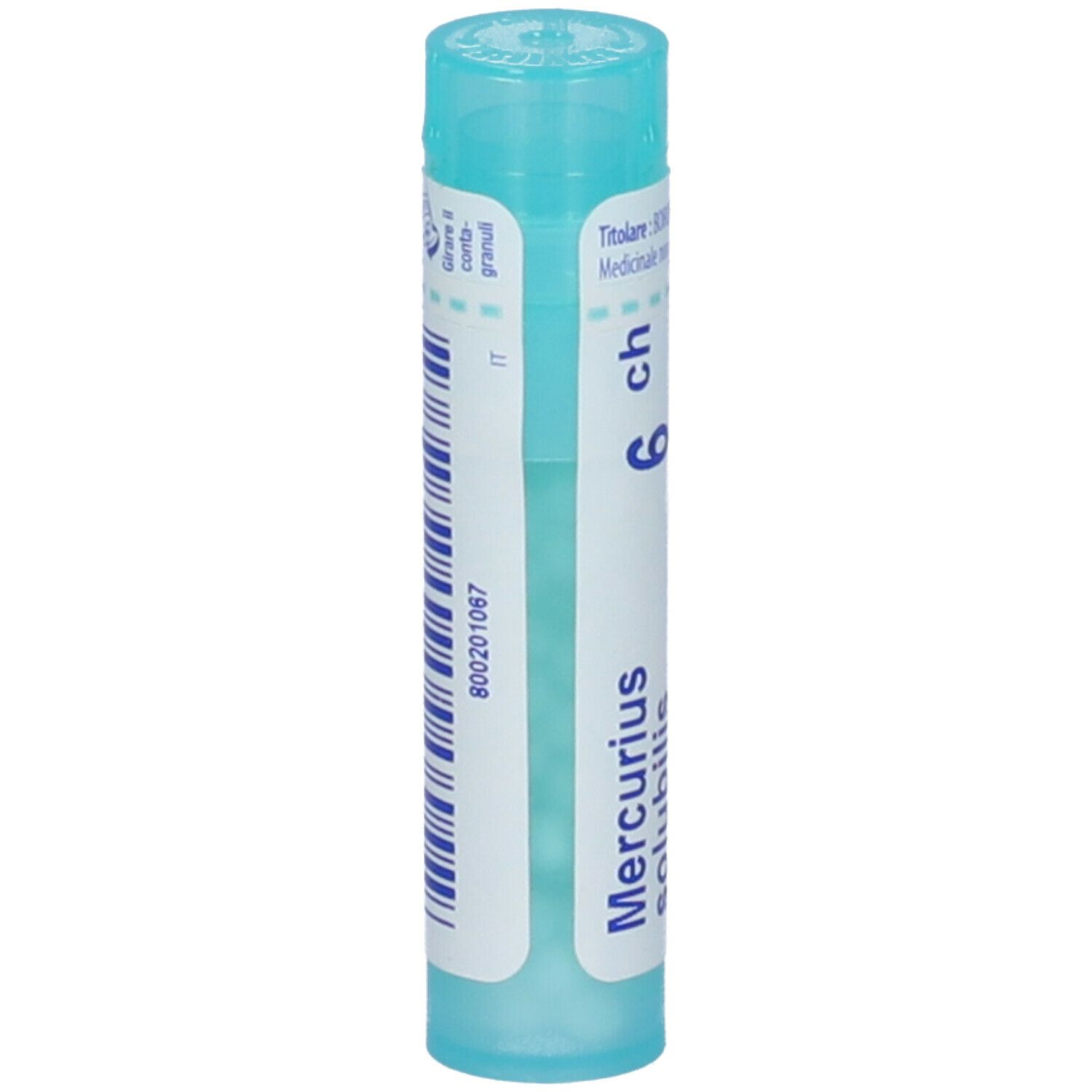 Confezione cilindrica BOIRON® Mercurius solubilis 6Ch Granuli. Scritta: Mercurius solubilis, 6 ch, Granuli, BOIRON. Tappo blu.