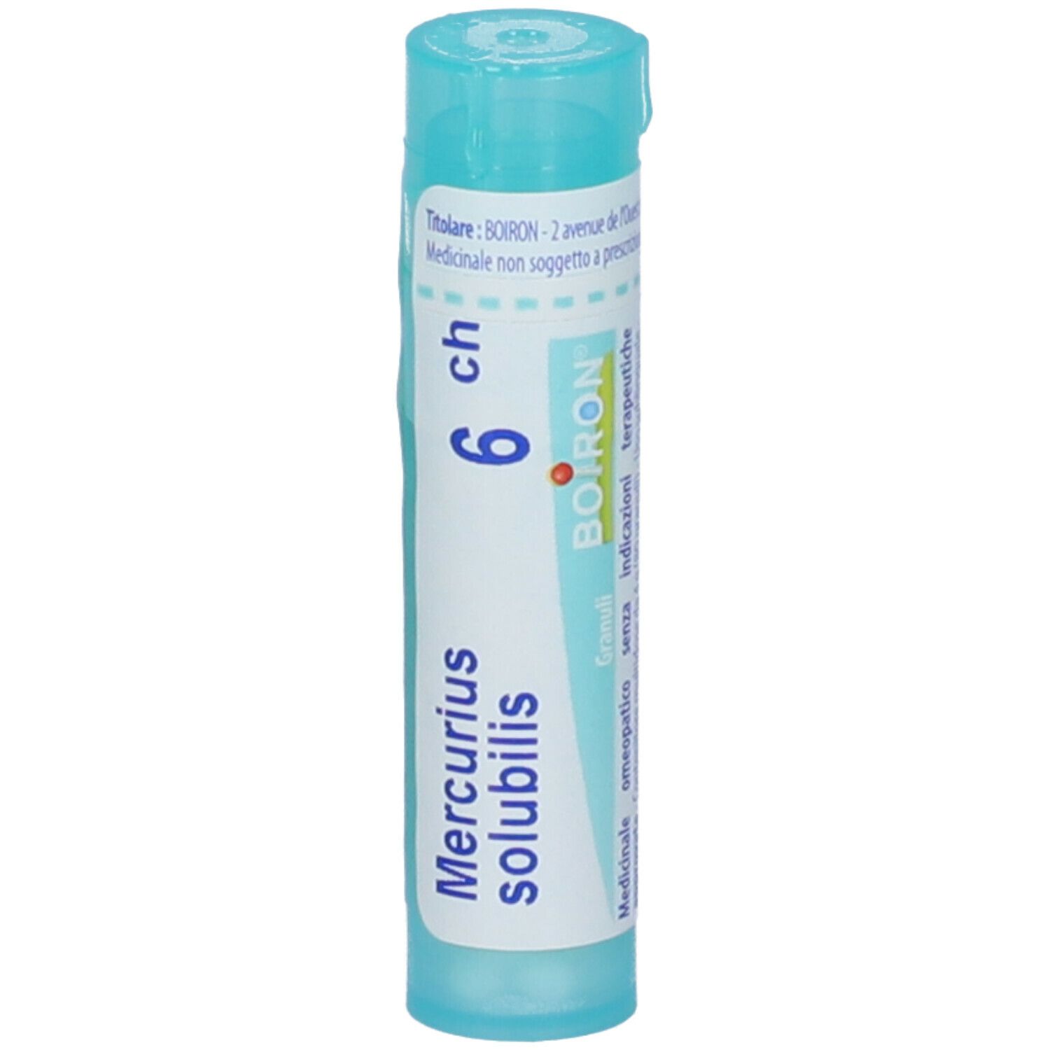 Confezione cilindrica BOIRON® Mercurius solubilis 6Ch Granuli. Scritta: Mercurius solubilis, 6 ch, Granuli, BOIRON. Tappo blu.