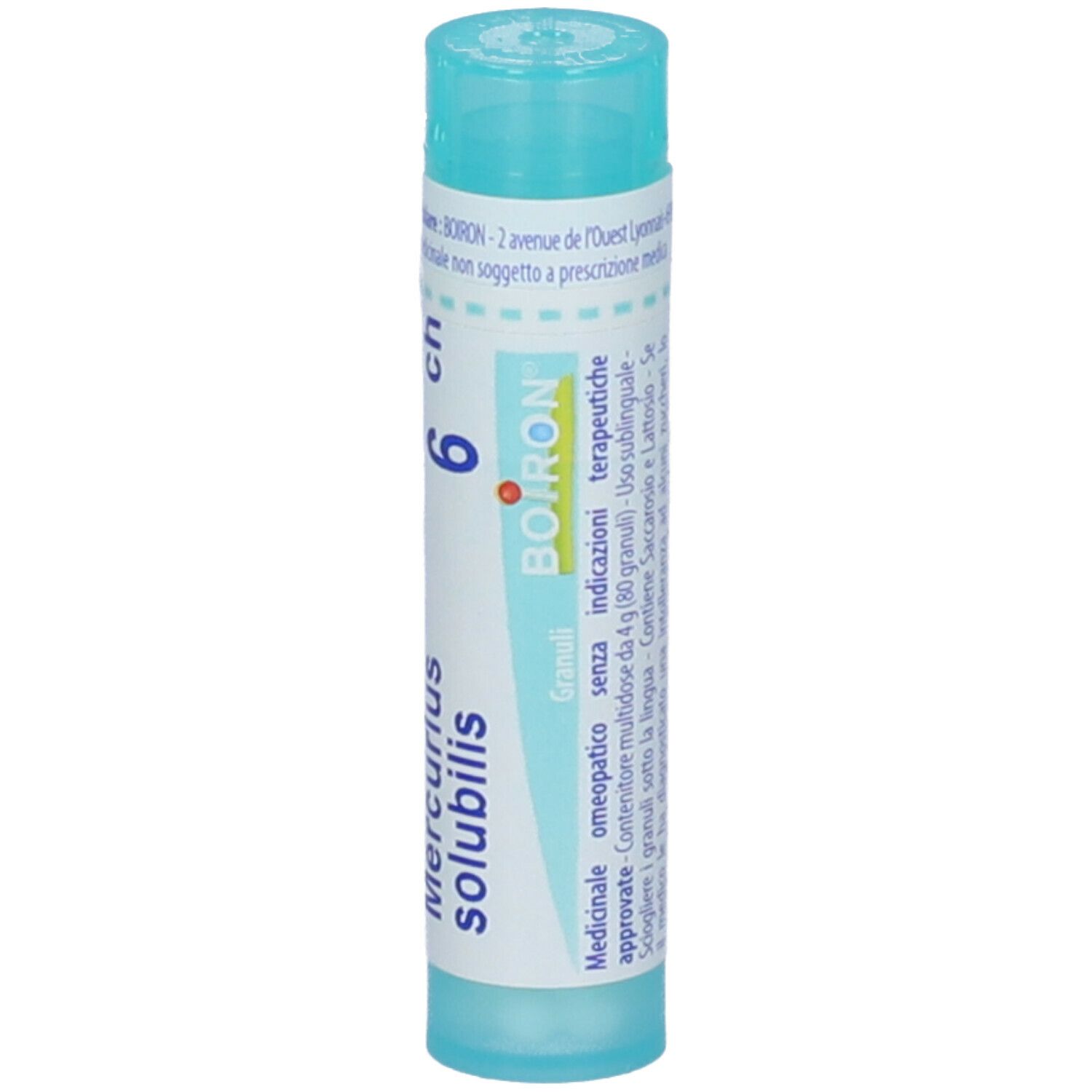 Confezione cilindrica BOIRON® Mercurius solubilis 6Ch Granuli. Scritta: Mercurius solubilis, 6 ch, Granuli, BOIRON. Tappo blu.
