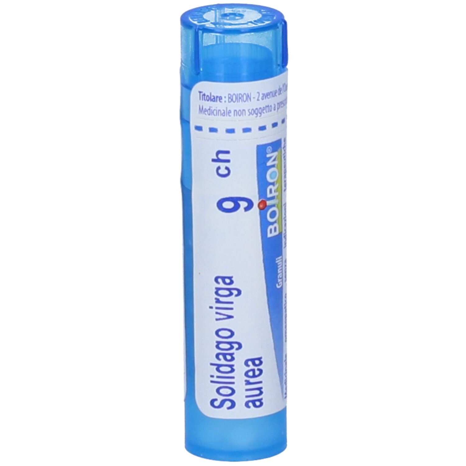 Tubo blu con etichetta bianca. Testo: Solidago virga aurea 9 ch, BOIRON. Granuli. Medicinale.