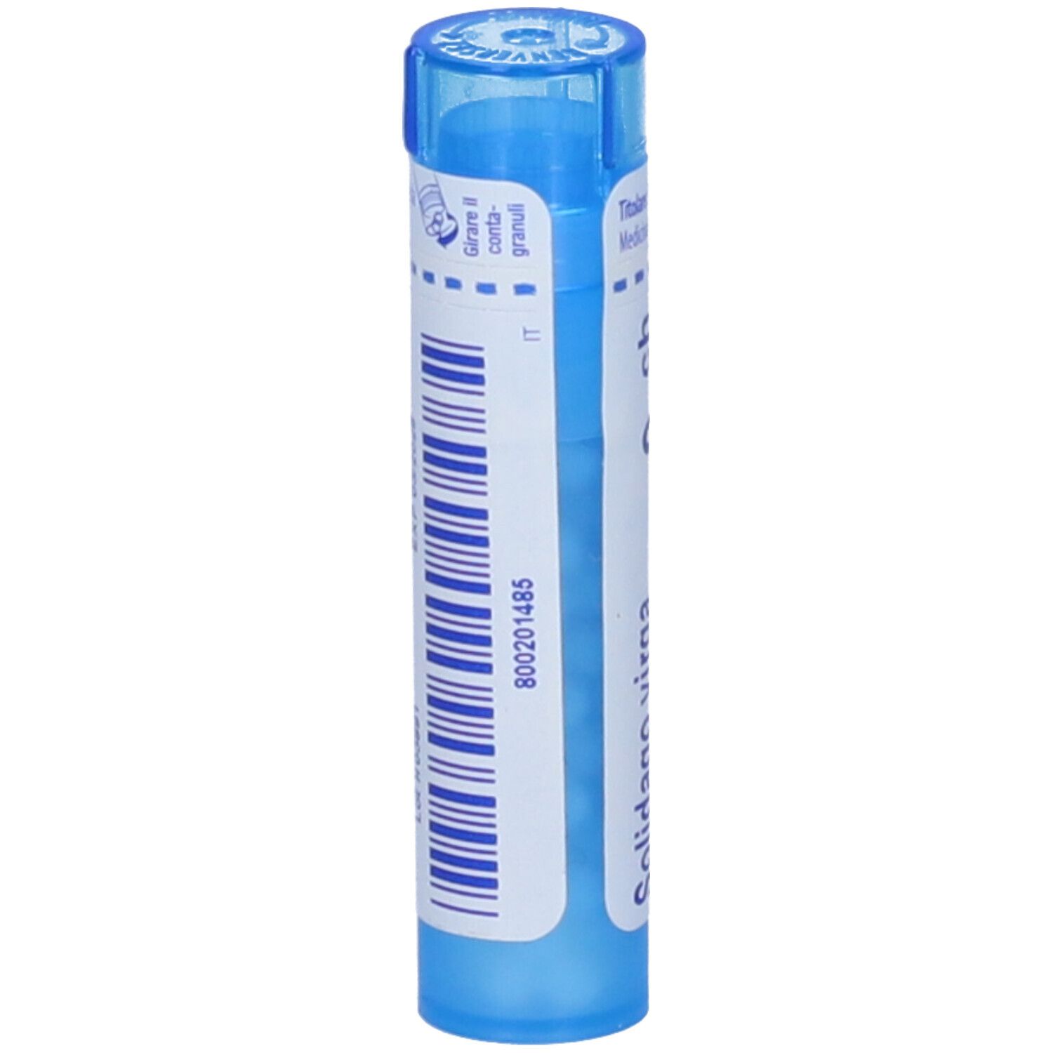 Tubo blu con etichetta bianca. Testo: Solidago virga aurea, 9 ch. Numero di lotto e codice a barre stampati.