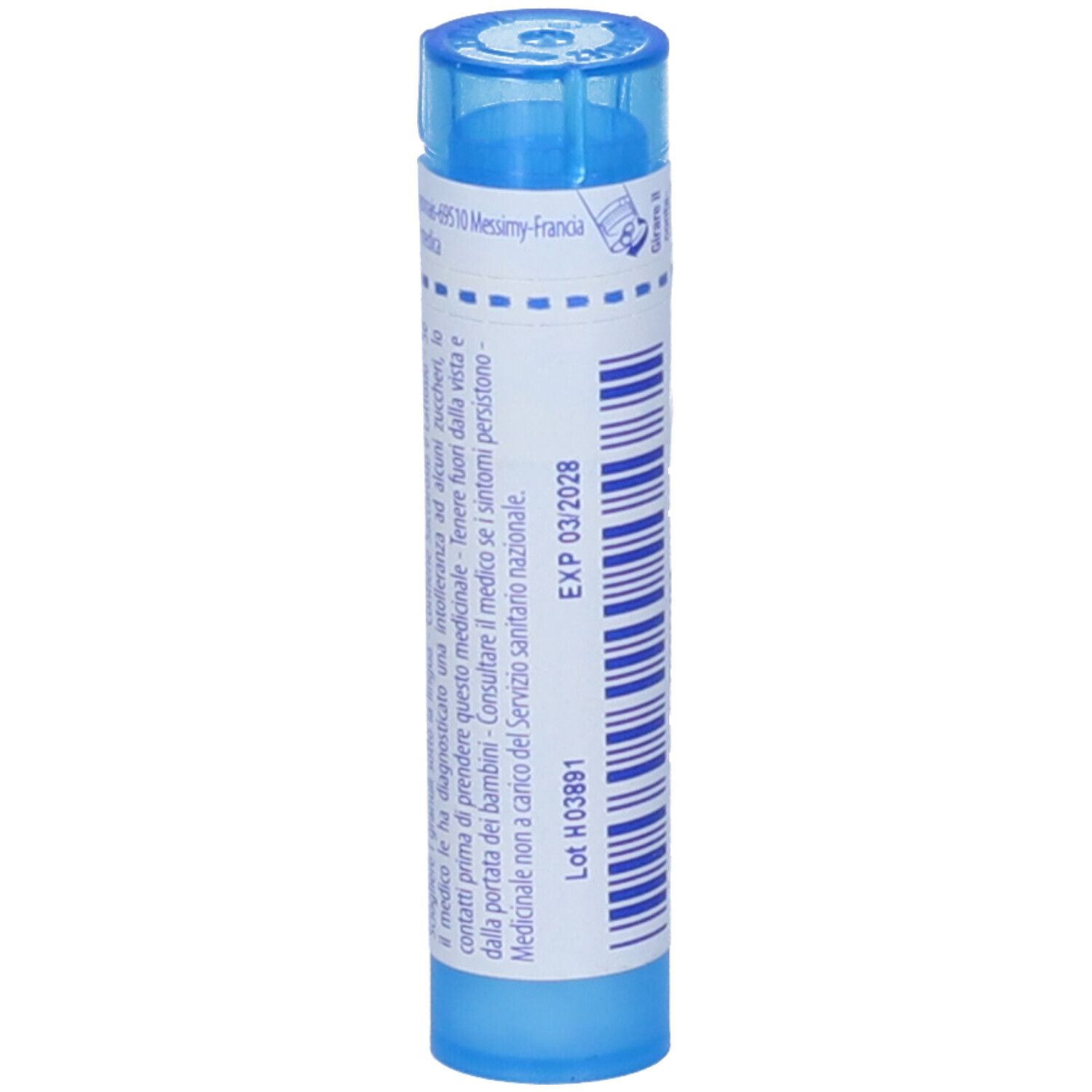Tubo blu con etichetta bianca. Testo: EXP 03/2028. Numero di lotto. Informazioni mediche.
