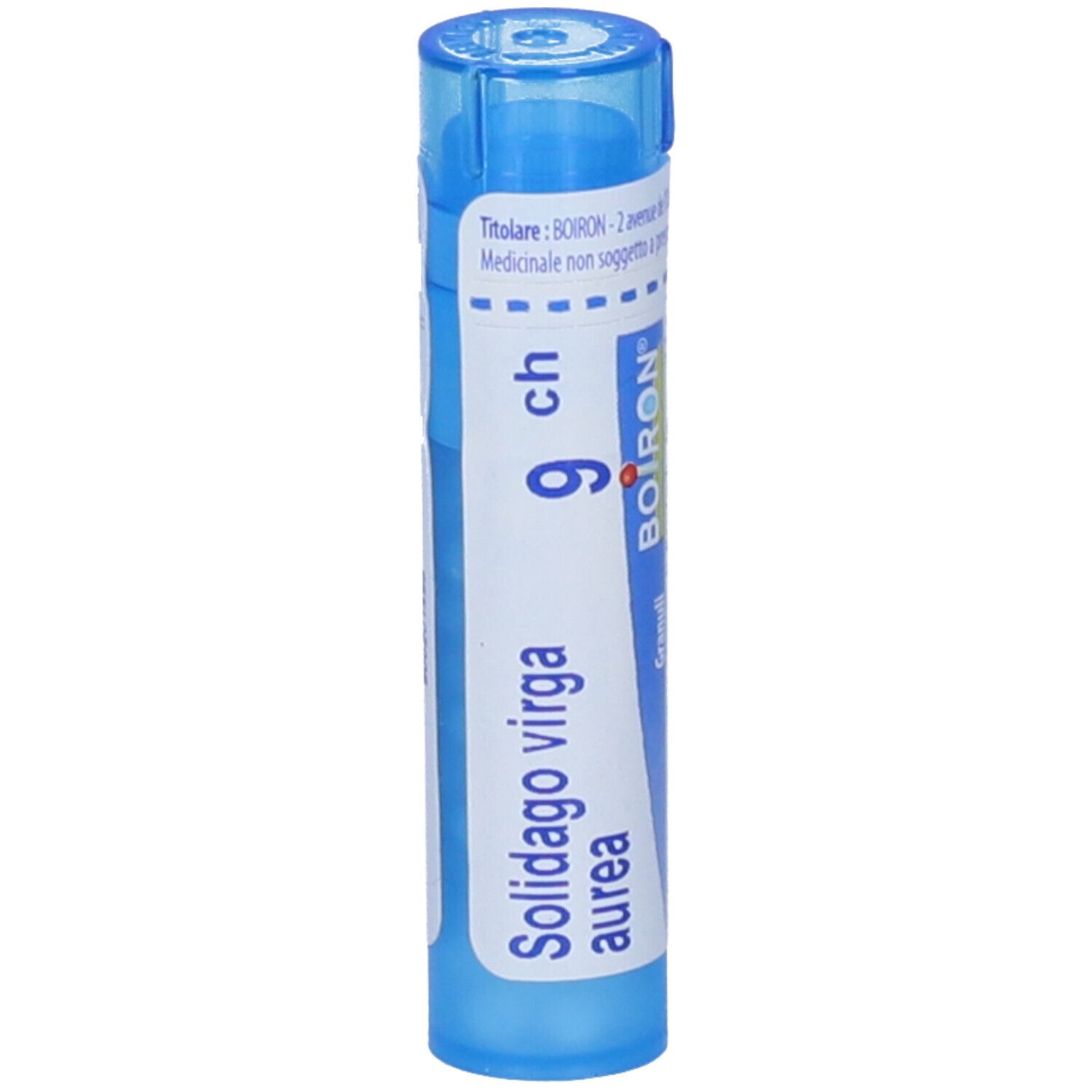Tubo blu con etichetta bianca. Testo: Solidago virga aurea 9 ch, BOIRON. Granuli. Medicinale.
