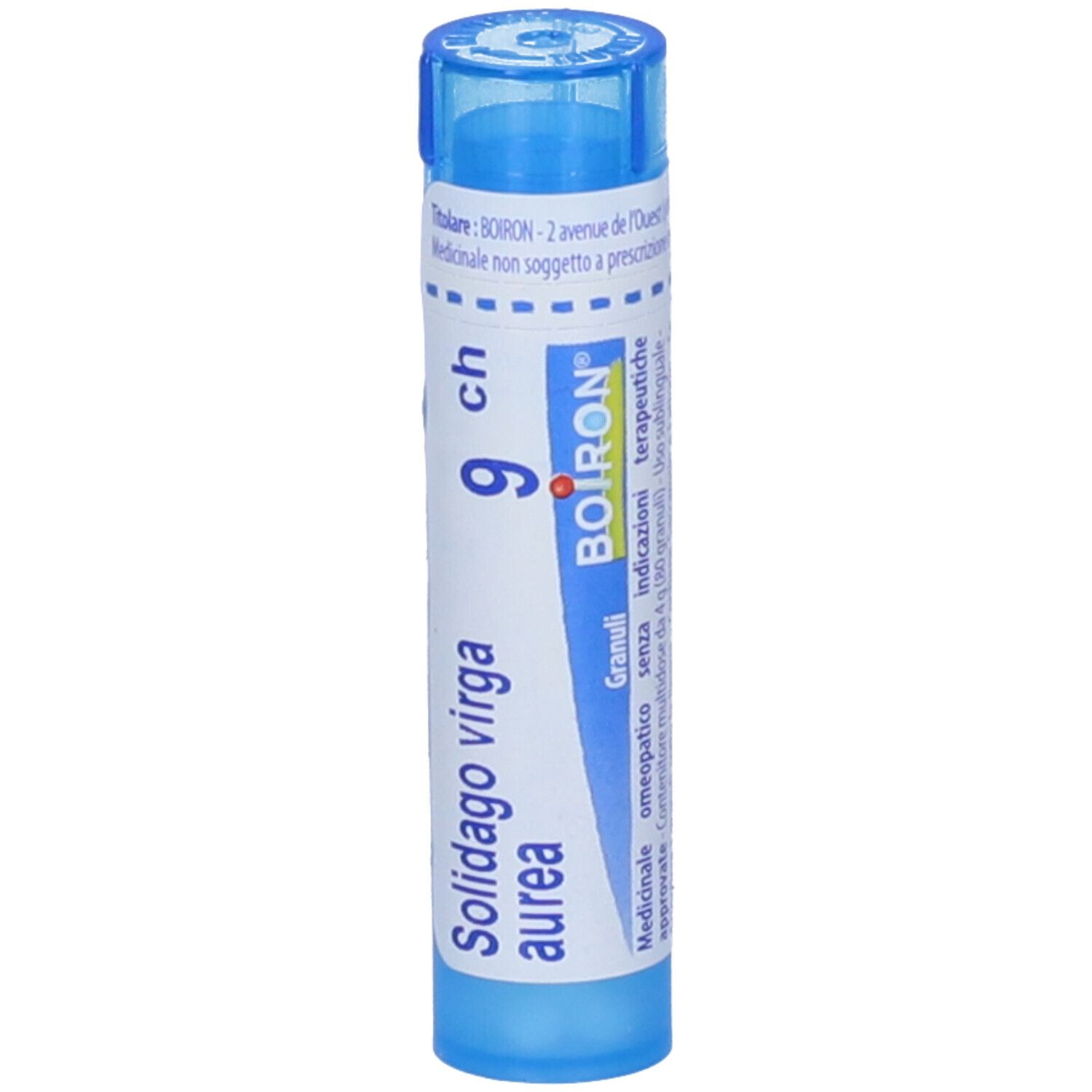 Tubo blu con etichetta bianca. Testo: Solidago virga aurea 9 ch, BOIRON. Granuli. Medicinale.