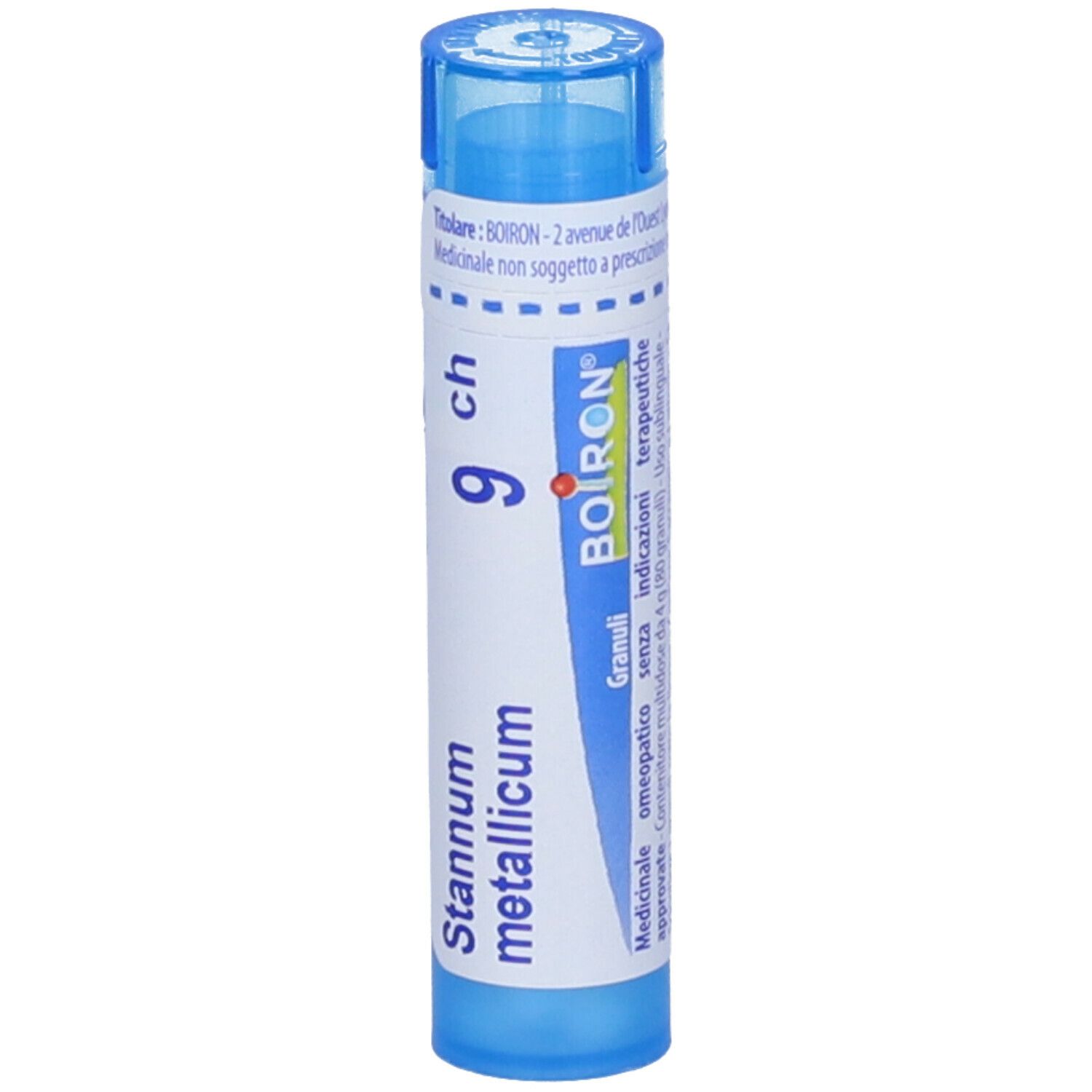 Tubo blu con etichetta bianca. Scritta Stannum metallicum 9 ch e logo BOIRON. Granuli.