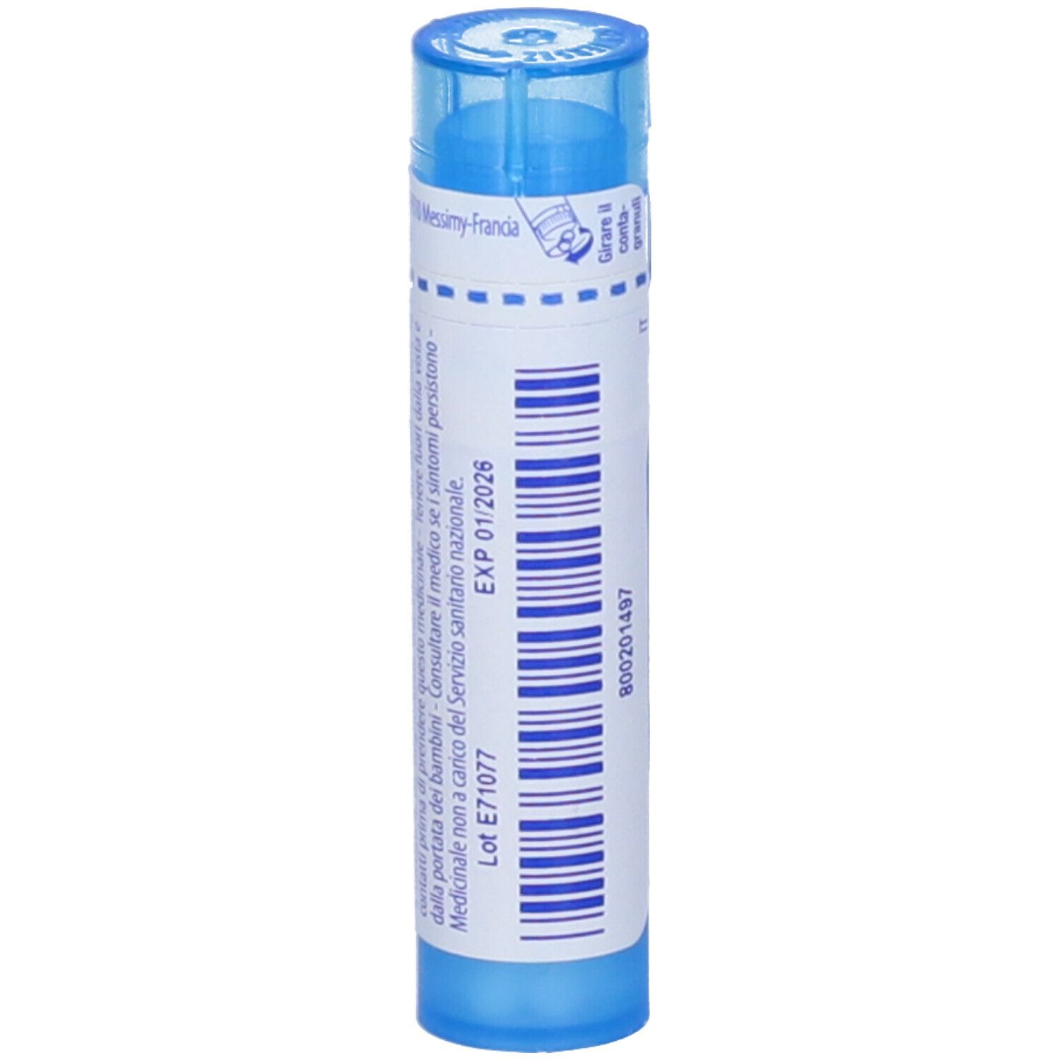 Tubo blu con etichetta bianca. Scritta Stannum metallicum 9 ch. Data di scadenza e numero di lotto.