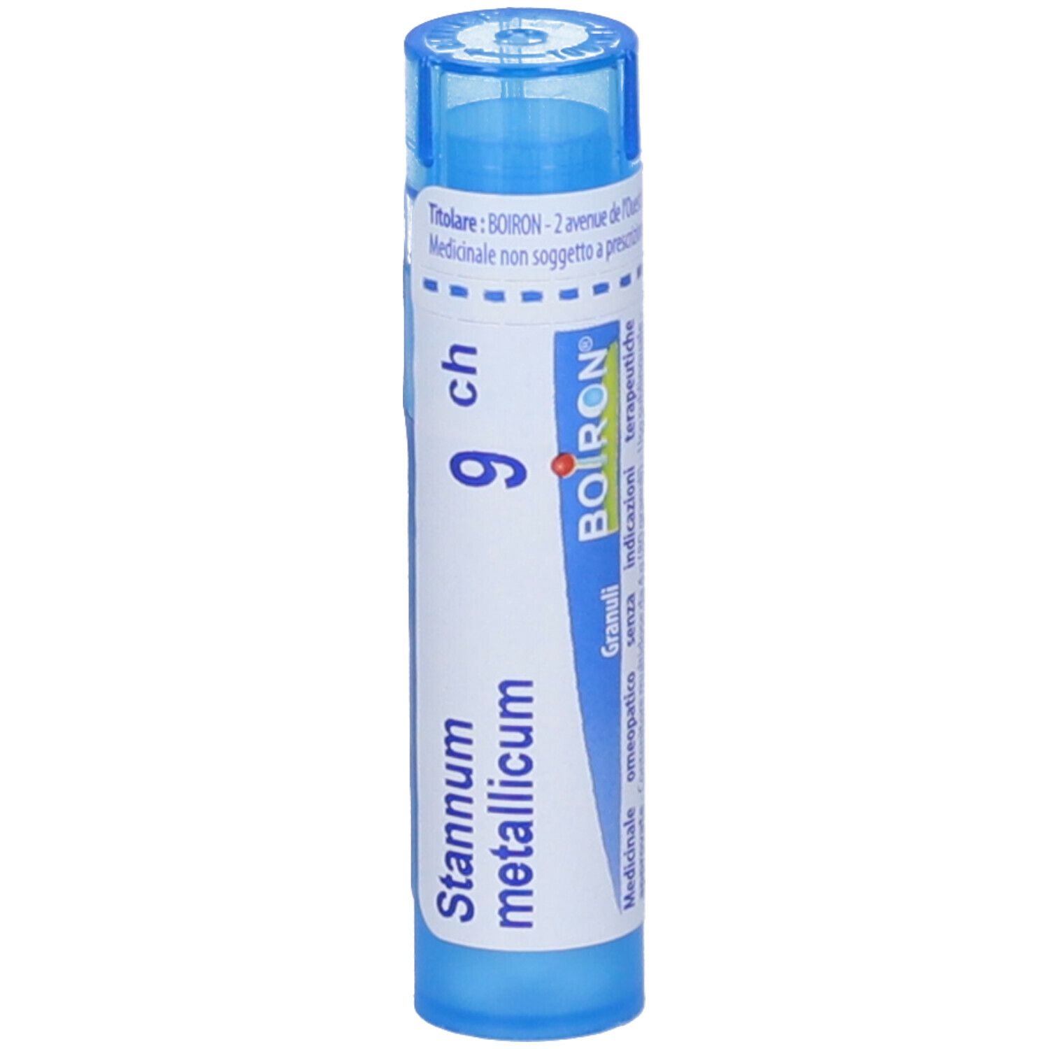 Tubo blu con etichetta bianca. Scritta Stannum metallicum 9 ch e logo BOIRON. Granuli.