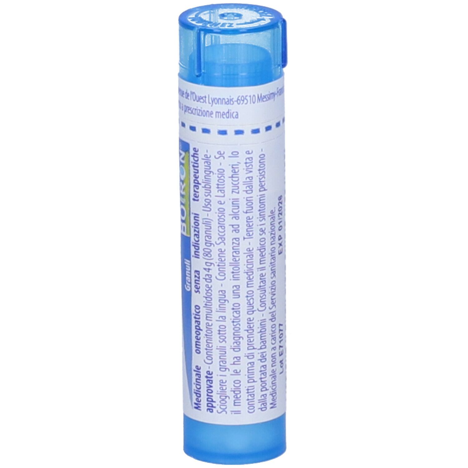 Tubo blu con etichetta bianca. Scritta Stannum metallicum 9 ch e logo BOIRON. Granuli.