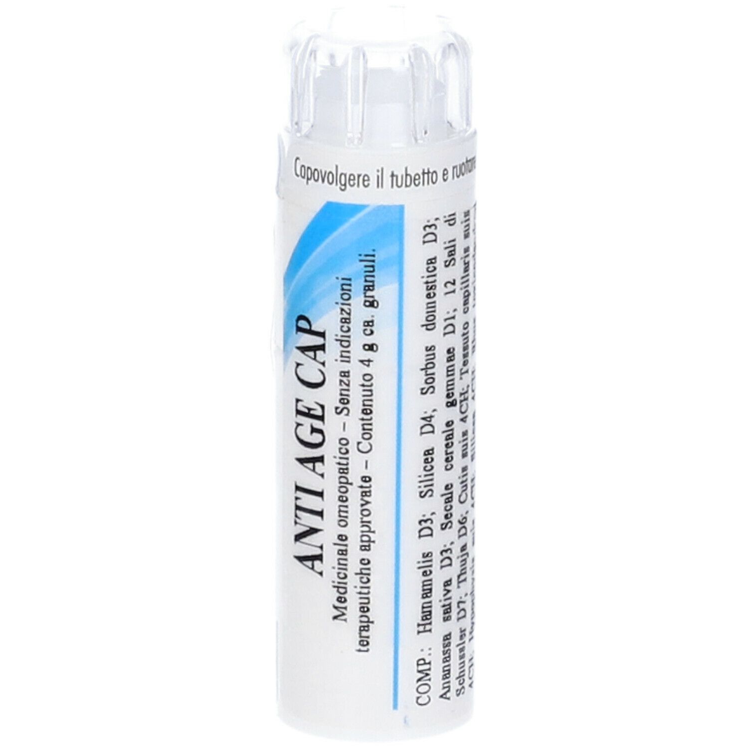 Tubo bianco con etichetta blu. Scritta: ANTI AGE CAP. Tappo trasparente in alto. Testo: Medicinale omeopatico.