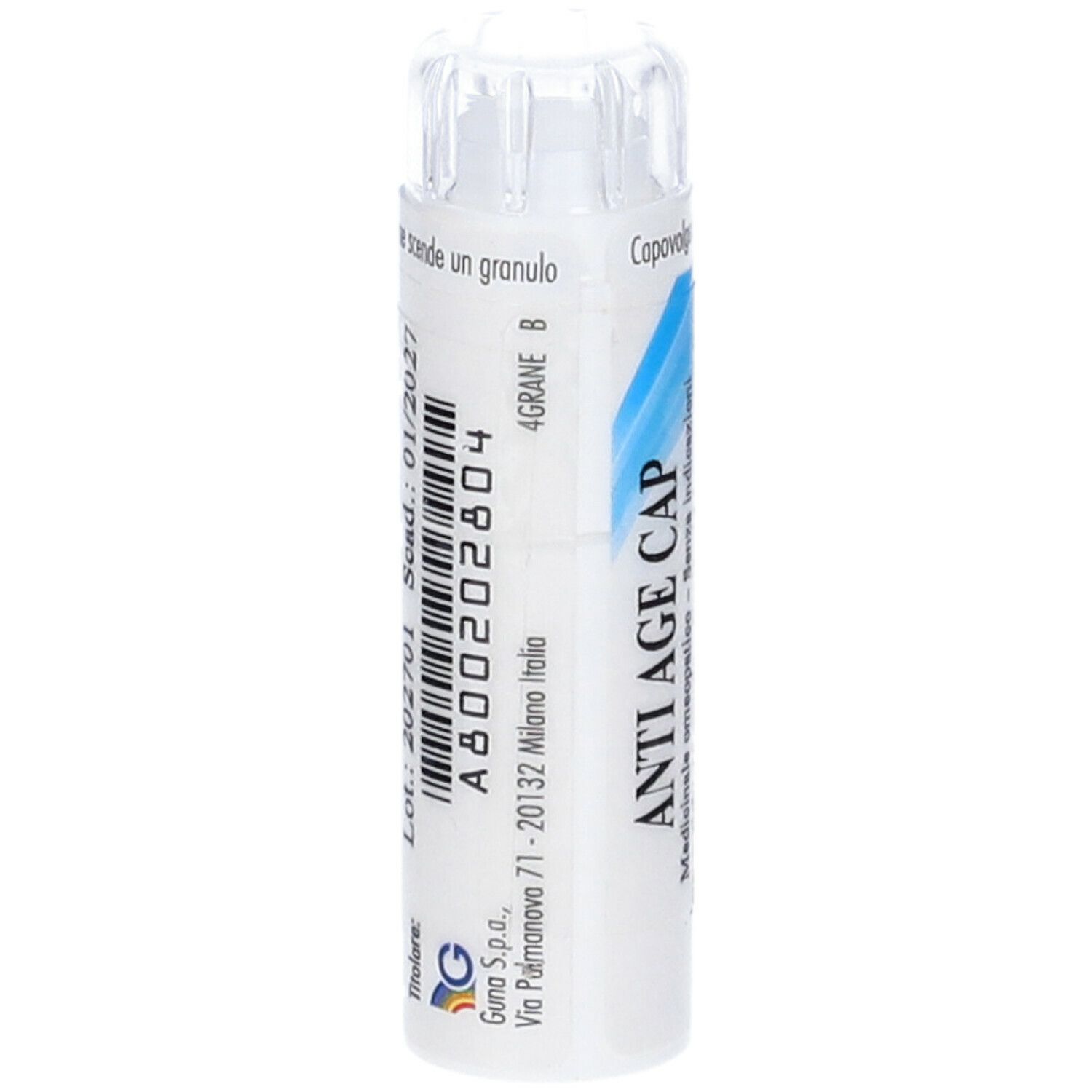 Tubo bianco con etichetta blu. Scritta: ANTI AGE CAP. Tappo trasparente in alto. Testo: Medicinale omeopatico.