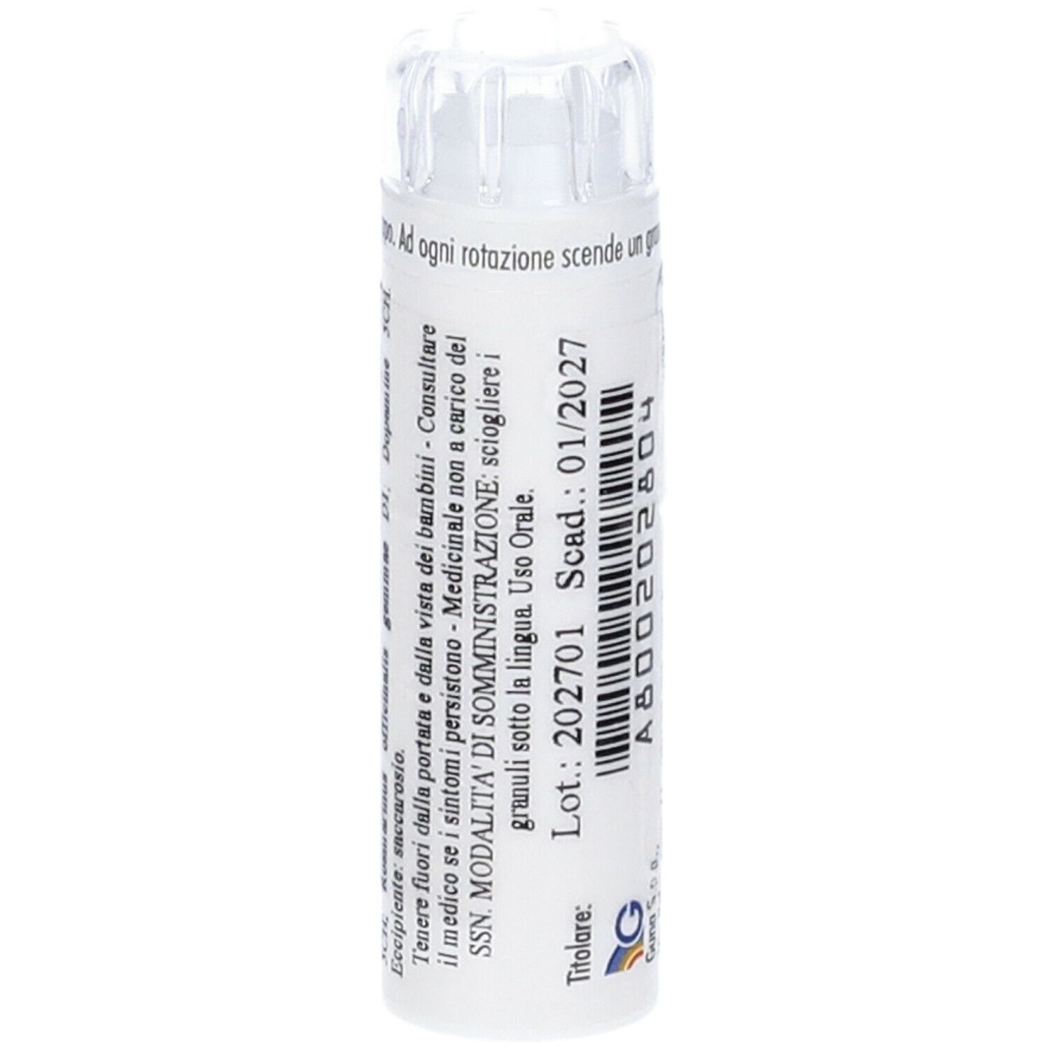 Tubo bianco con etichetta blu. Scritta: ANTI AGE CAP. Tappo trasparente in alto. Testo: Medicinale omeopatico.