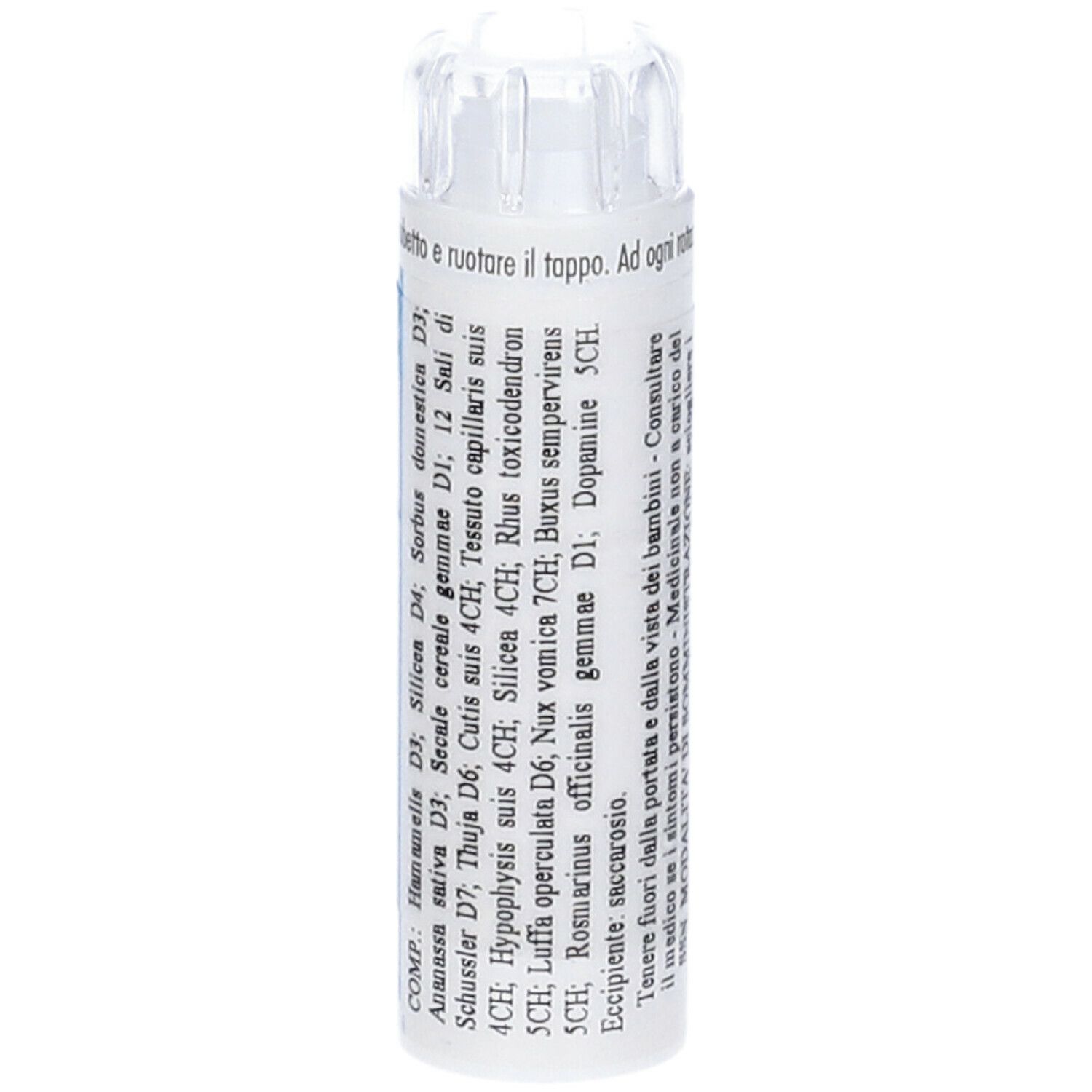 Tubo bianco con etichetta blu. Scritta: ANTI AGE CAP. Tappo trasparente in alto. Testo: Medicinale omeopatico.