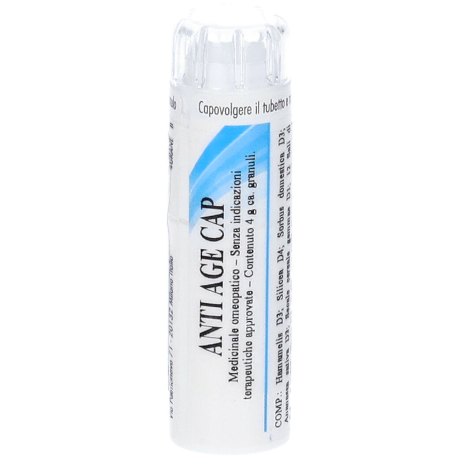 Tubo bianco con etichetta blu. Scritta: ANTI AGE CAP. Tappo trasparente in alto. Testo: Medicinale omeopatico.