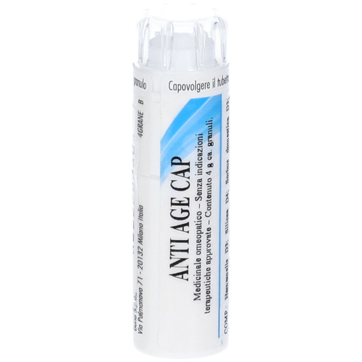 Tubo bianco con etichetta blu. Scritta: ANTI AGE CAP. Tappo trasparente in alto. Testo: Medicinale omeopatico.