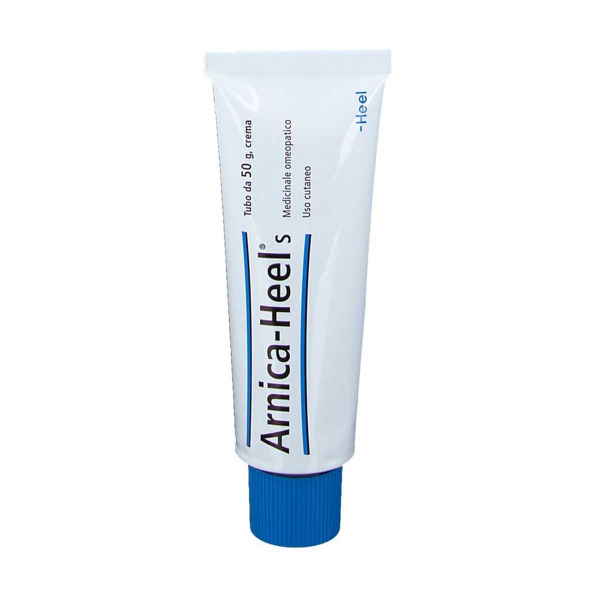 Tubo di crema con tappo blu. Scritta: Arnica-Heel's, Tubo da 50 g. crema.