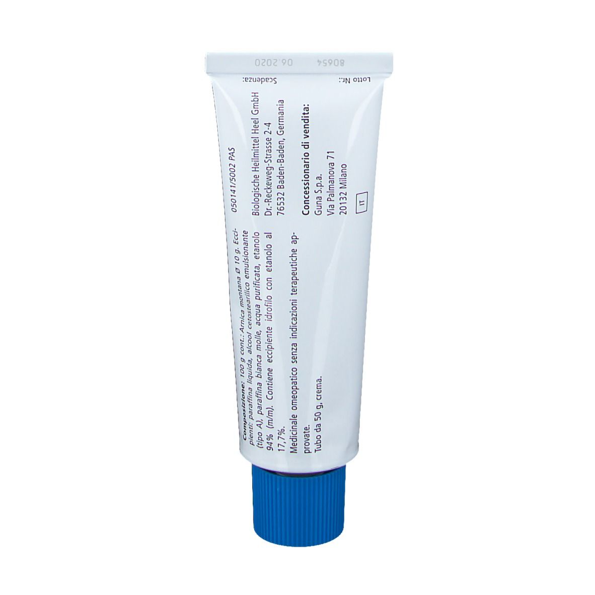 Retro di un tubo di crema con tappo blu. Testo: ingredienti, informazioni produttore.