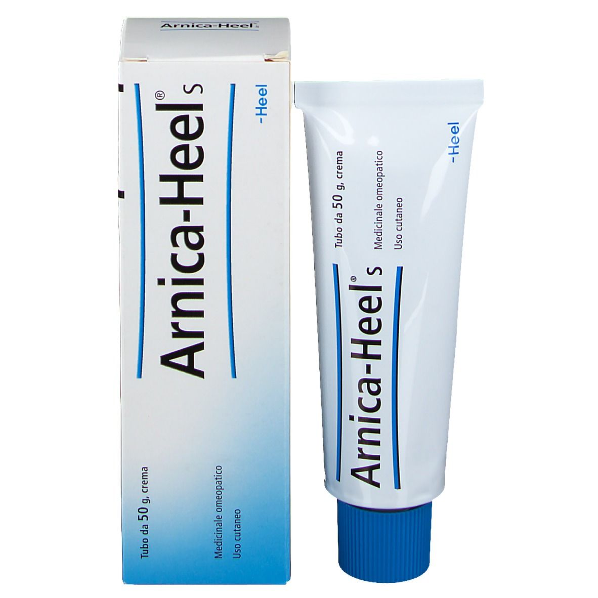 Tubo di crema e scatola. Scritta: Arnica-Heel's, Tubo da 50 g. crema. Scatola accanto.