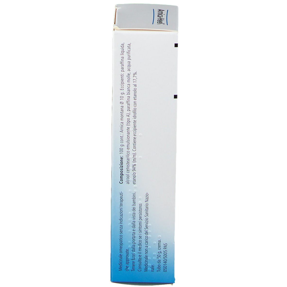 Scatola con testo: ingredienti, informazioni produttore. Scritta: Arnica-Heel's.