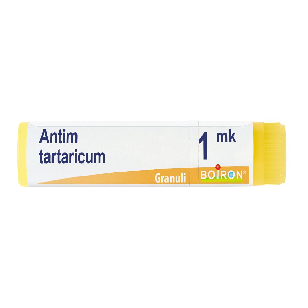 Confezione cilindrica con tappo giallo. Scritta: Antimonium tartaricum, 1 mk, Granuli, Boiron.
