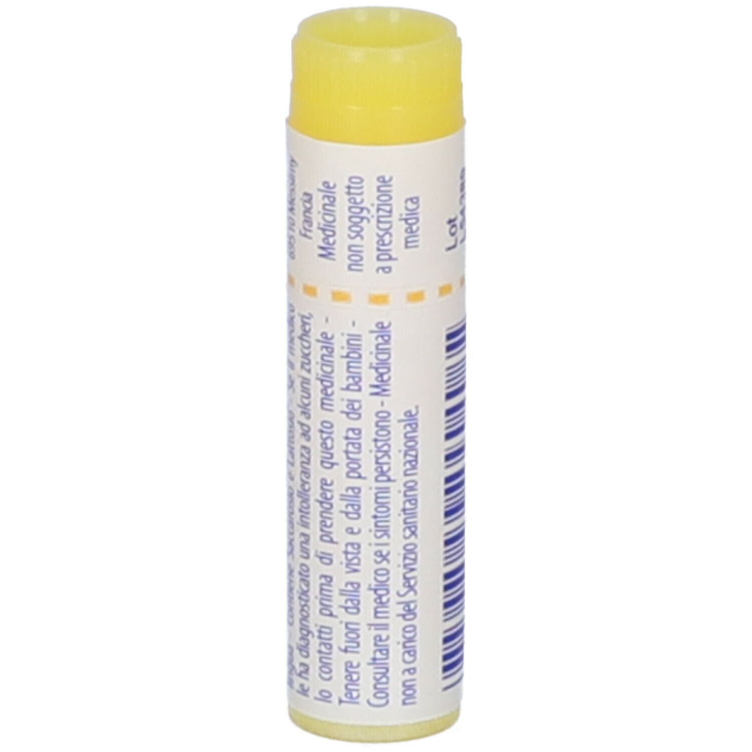 Confezione cilindrica con tappo giallo. Scritta: Antimonium, 1 mk, EXP 01/2026, informazioni mediche.