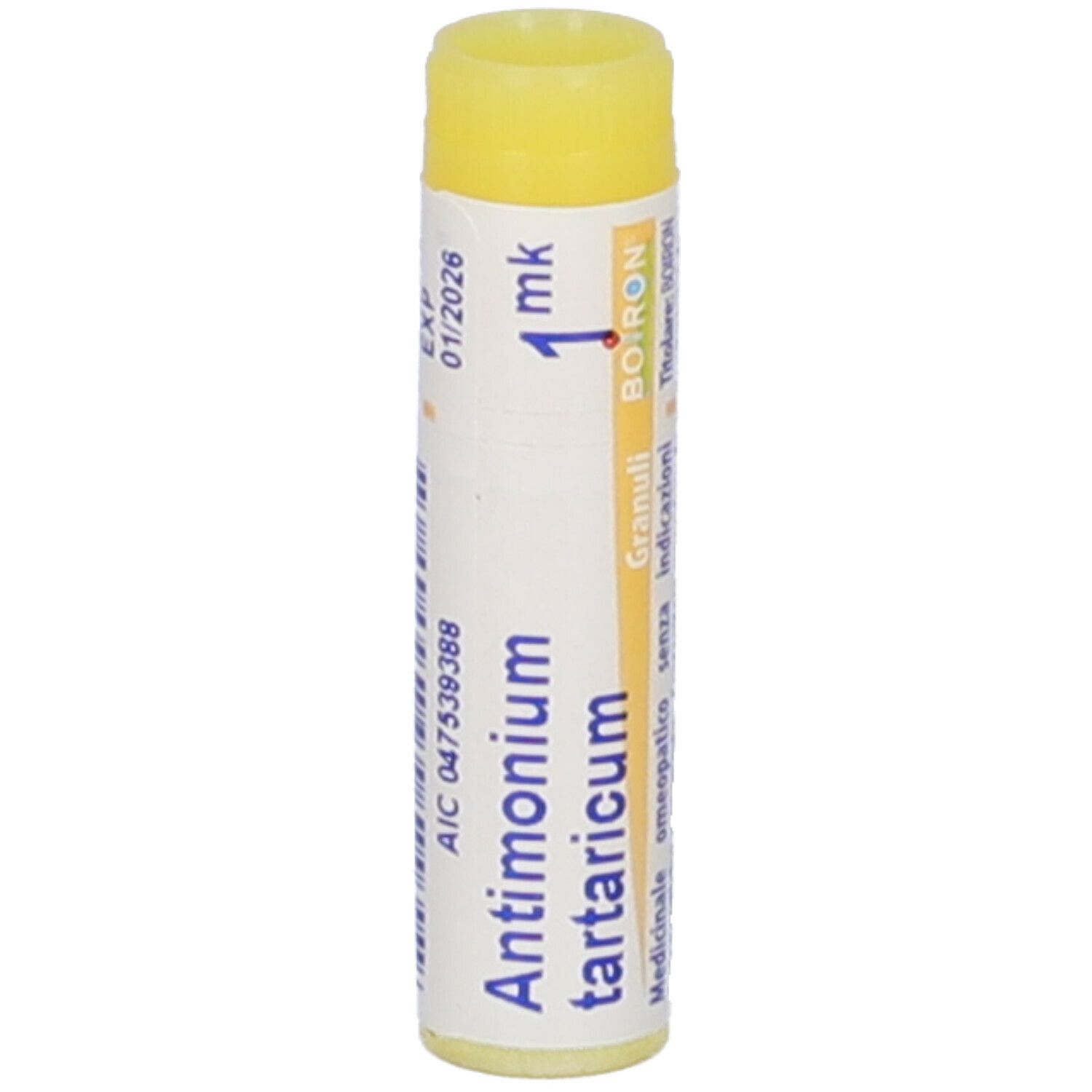 Confezione cilindrica con tappo giallo. Scritta: Antimonium tartaricum, 1 mk, Boiron, 01/2026.