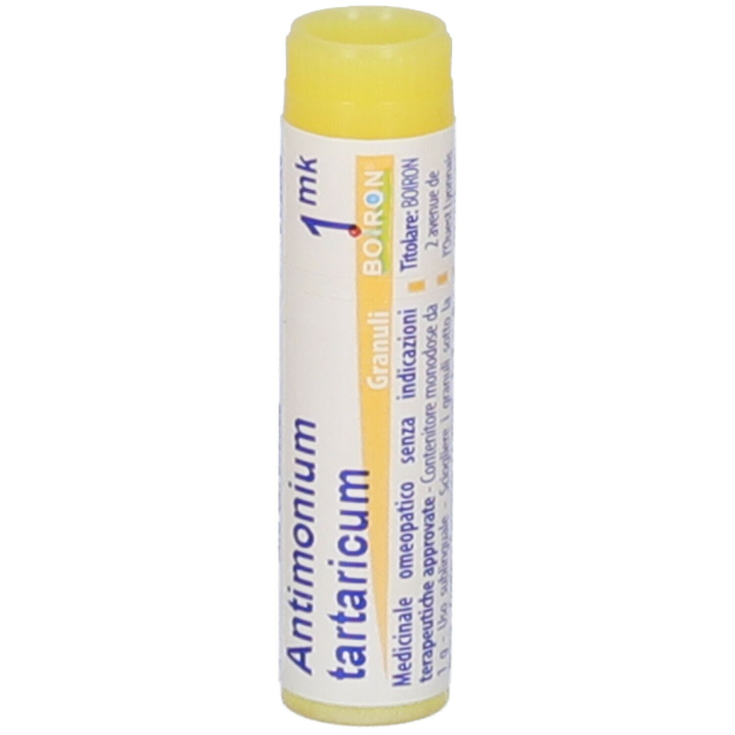 Confezione cilindrica con tappo giallo. Scritta: Antimonium tartaricum, 1 mk, Boiron, 01/2026.