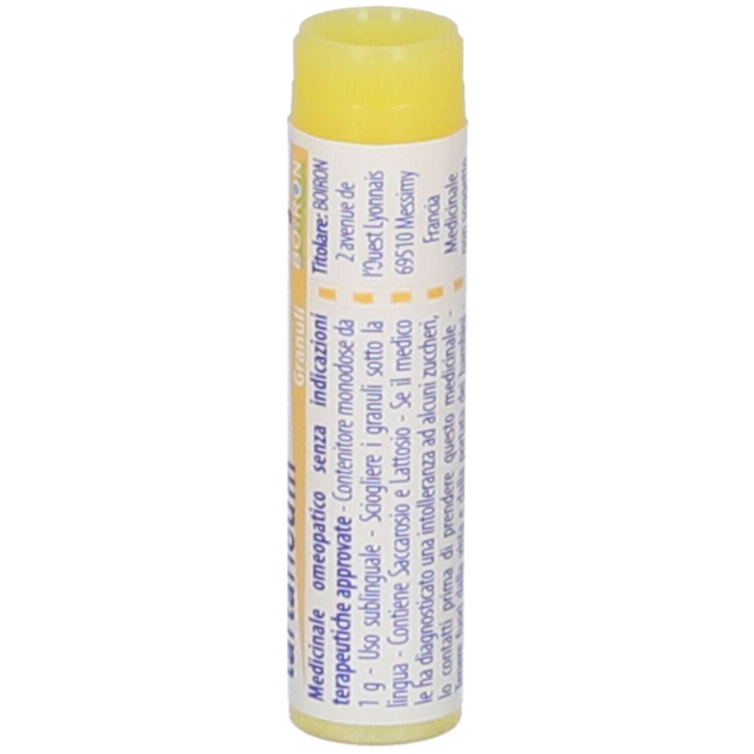 Confezione cilindrica con tappo giallo. Scritta: Antimonium tartaricum, 1 mk, Boiron, informazioni mediche.