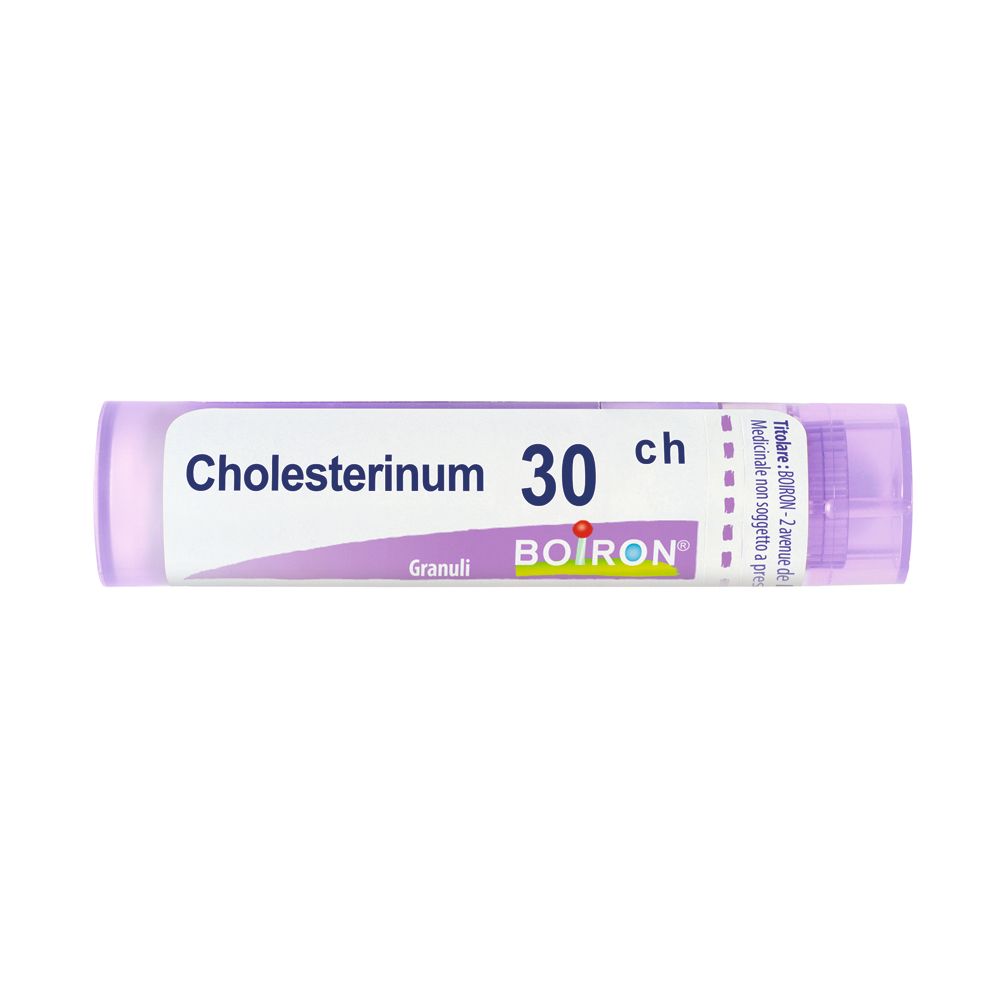 Confezione cilindrica "Cholesterinum 30 ch Granuli" BOIRON. Viola e bianco.