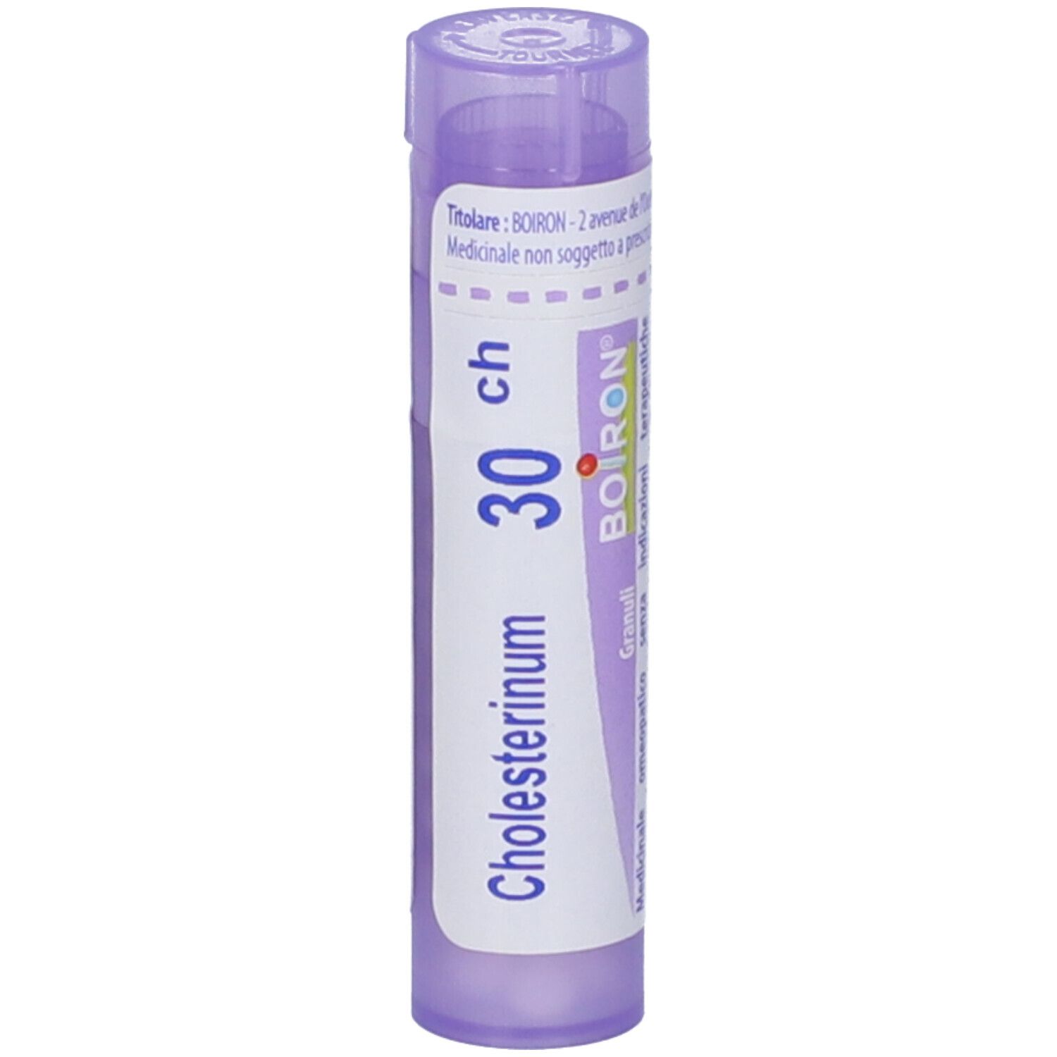Confezione cilindrica "Cholesterinum 30 ch" BOIRON. Viola e bianco, con granuli.