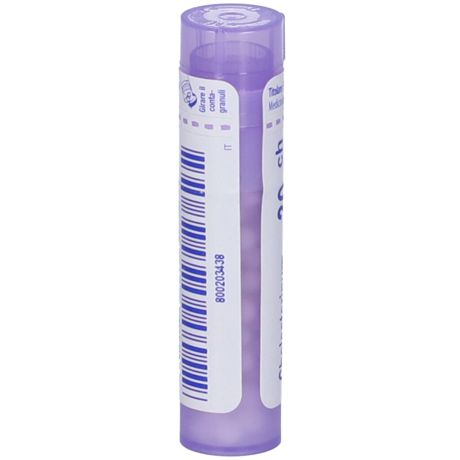 Confezione cilindrica con codice a barre e "Cholesterinum 30 ch" BOIRON. Viola e bianco.