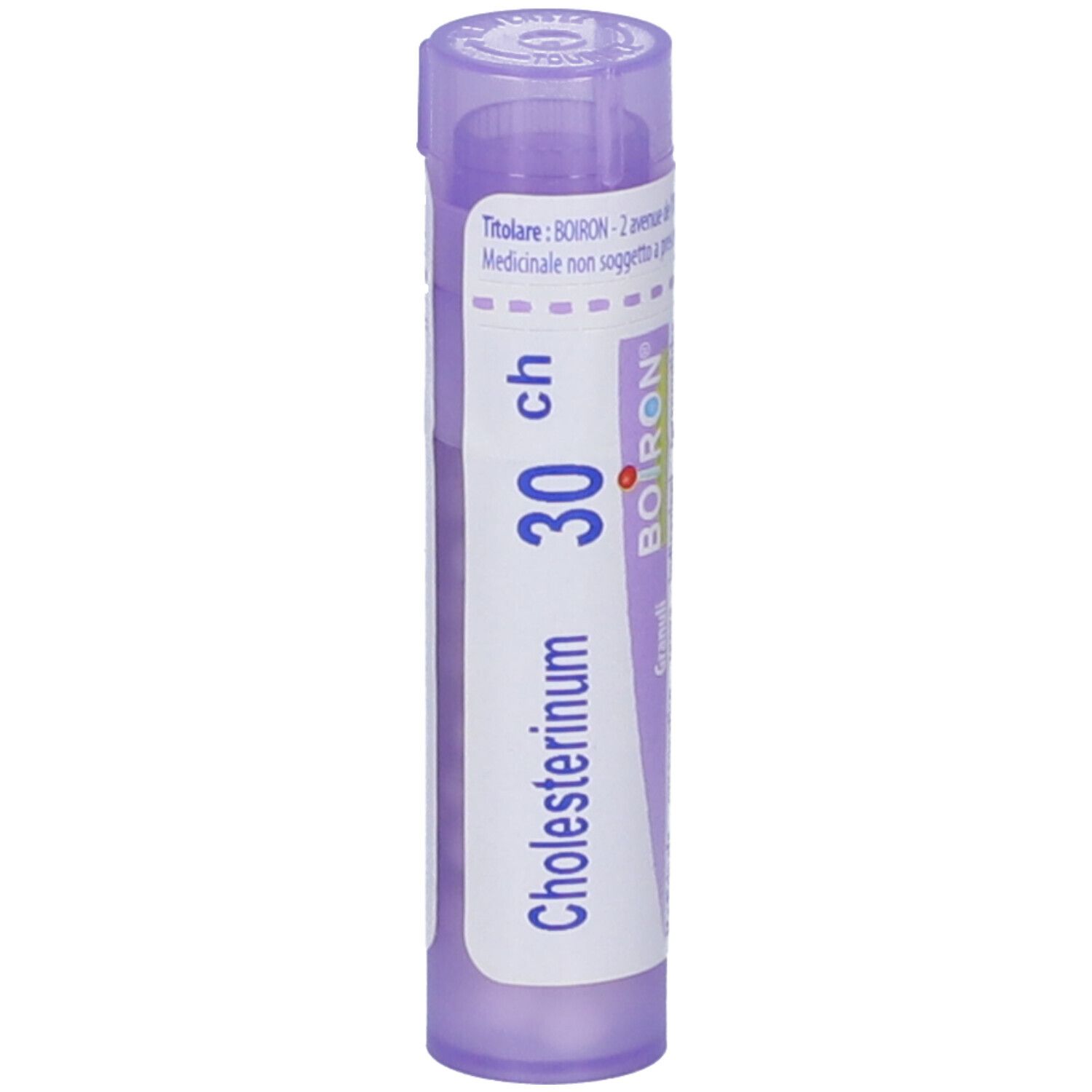 Confezione cilindrica "Cholesterinum 30 ch" BOIRON. Viola e bianco, con granuli.