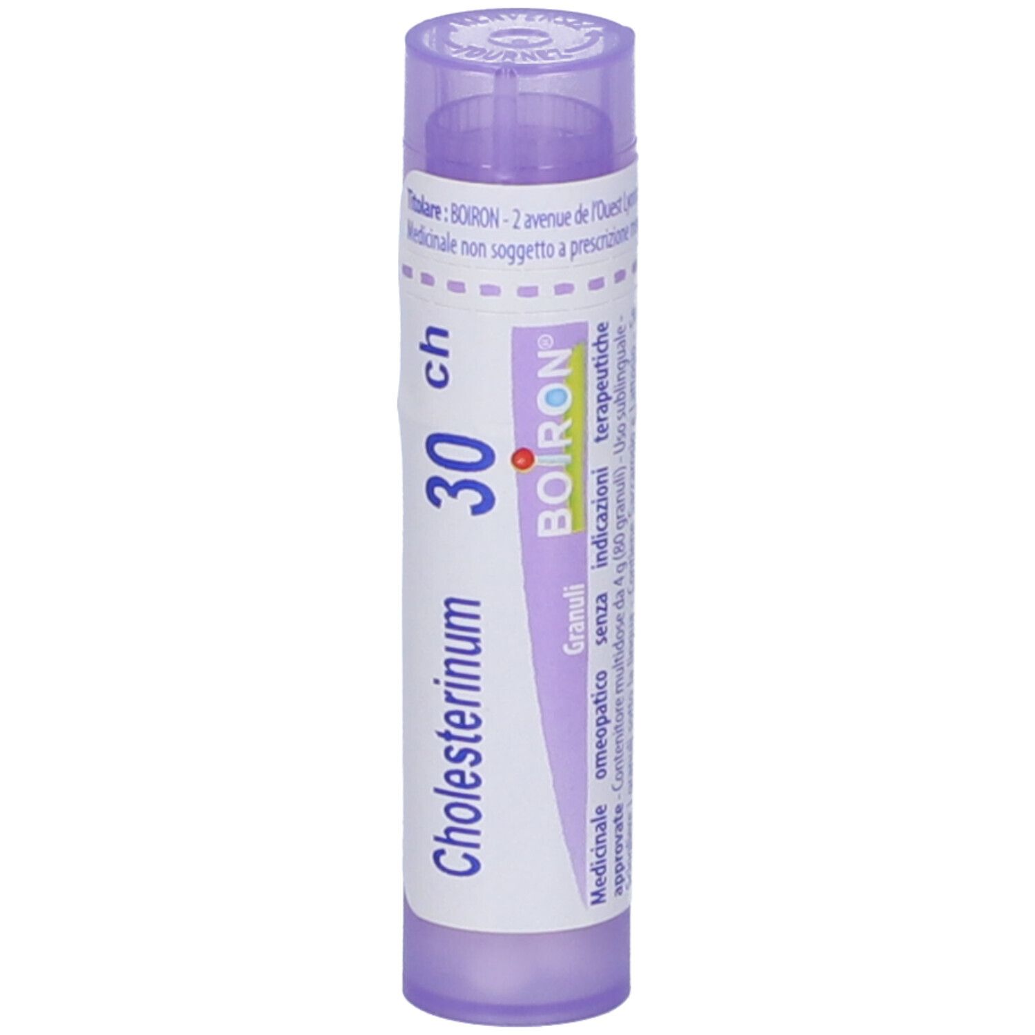 Confezione cilindrica "Cholesterinum 30 ch" BOIRON. Con informazioni sul prodotto.