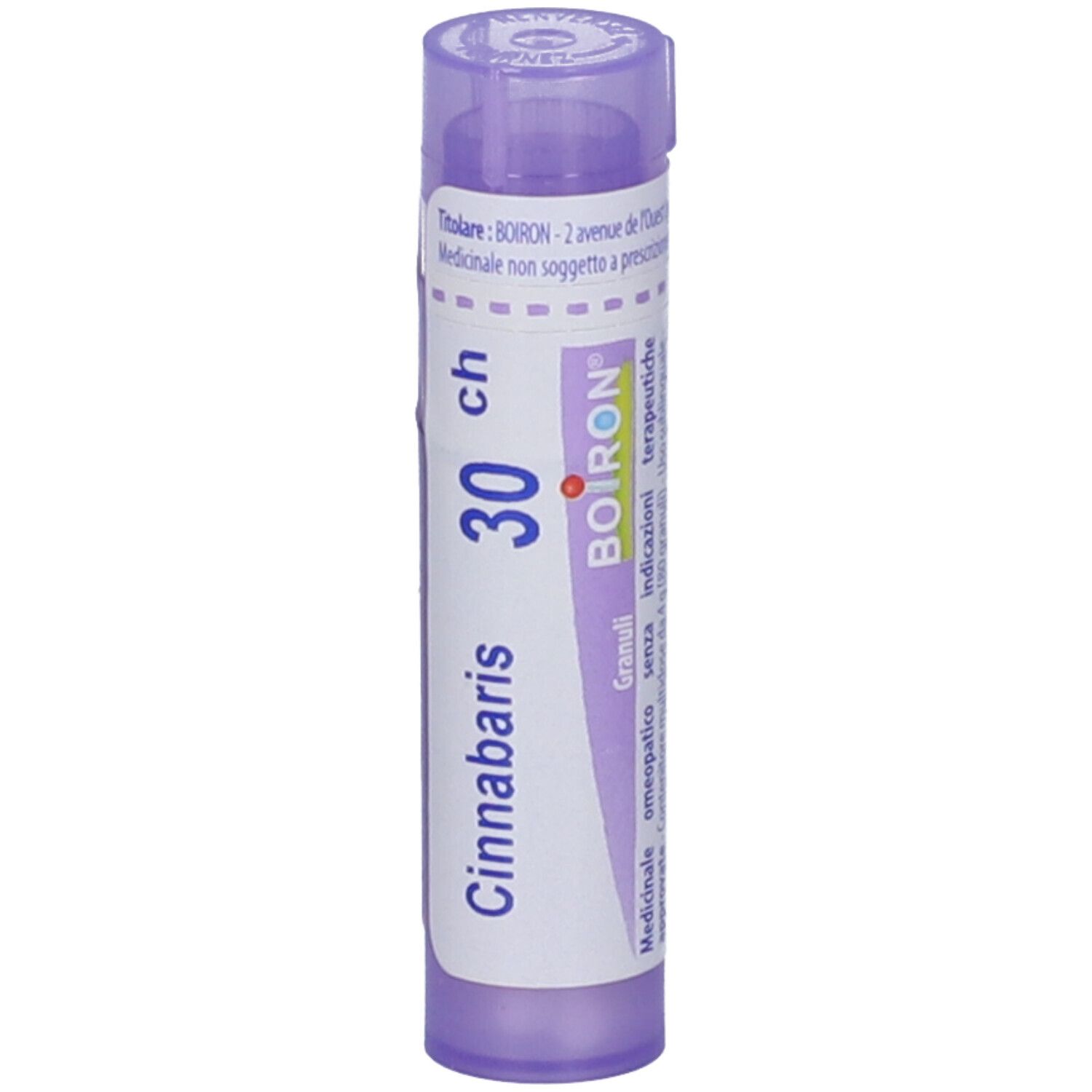 Confezione cilindrica viola. Scritta: Cinnabaris, 30 ch, BOIRON, Granuli. Informazioni prodotto su etichetta bianca.