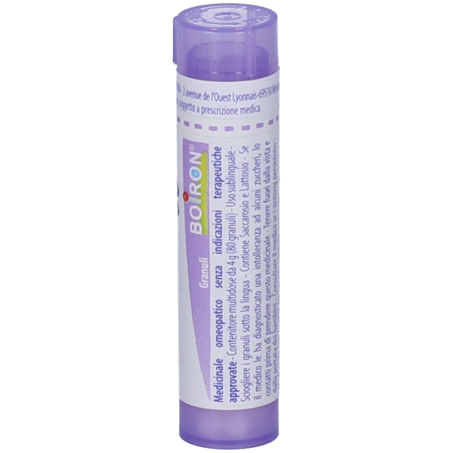Confezione cilindrica viola. Scritta: BOIRON, Granuli, indicazioni, consigli terapeutici. Dettagli su etichetta.