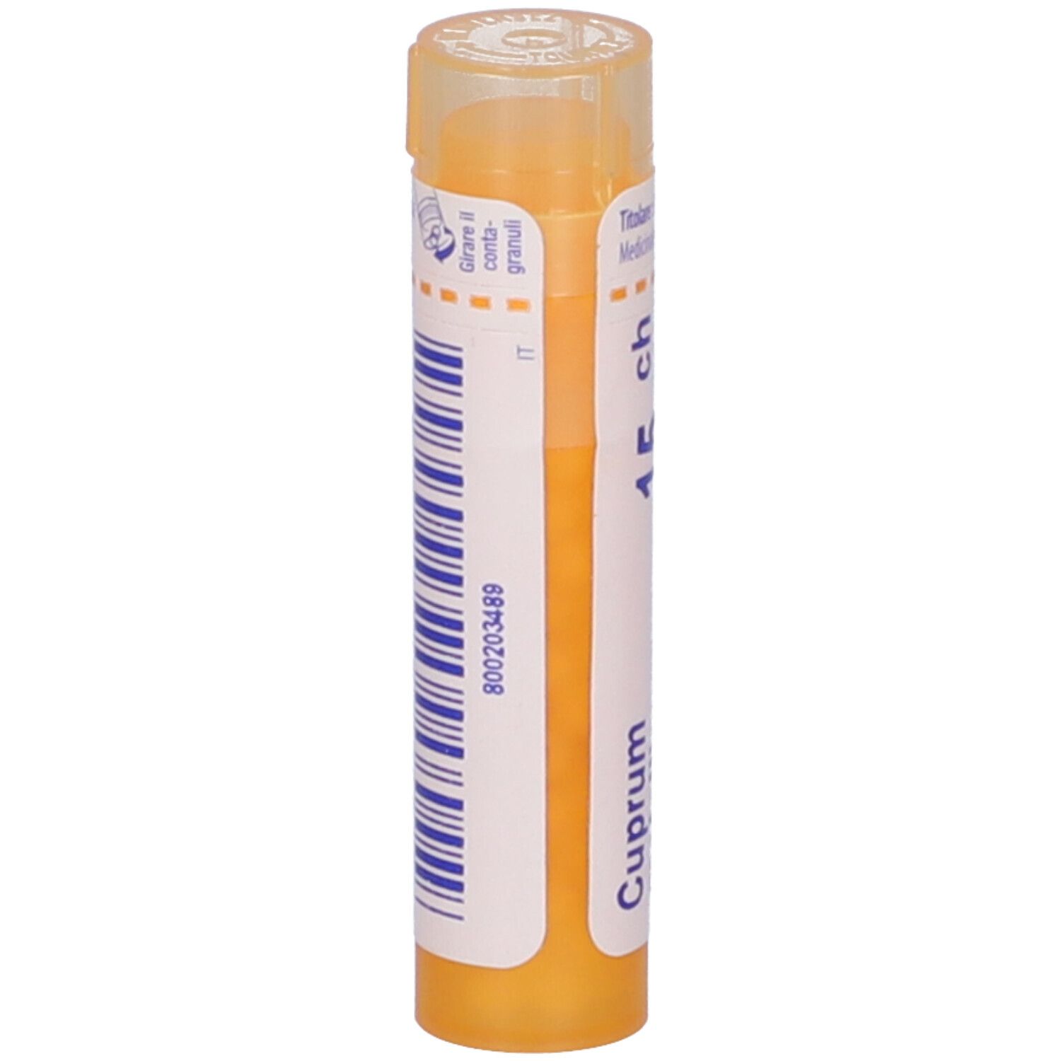 Confezione cilindrica, tappo giallo. Scritta: Cuprum metallicum 15 ch, BOIRON. Codice a barre e altre informazioni.