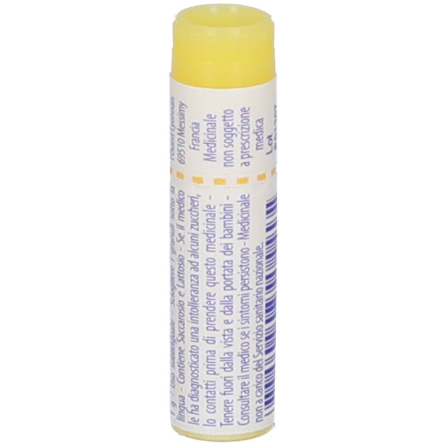 Confezione cilindrica con tappo giallo. Scritta: Hamamelis, 1 mk, BOIRON, Granuli.