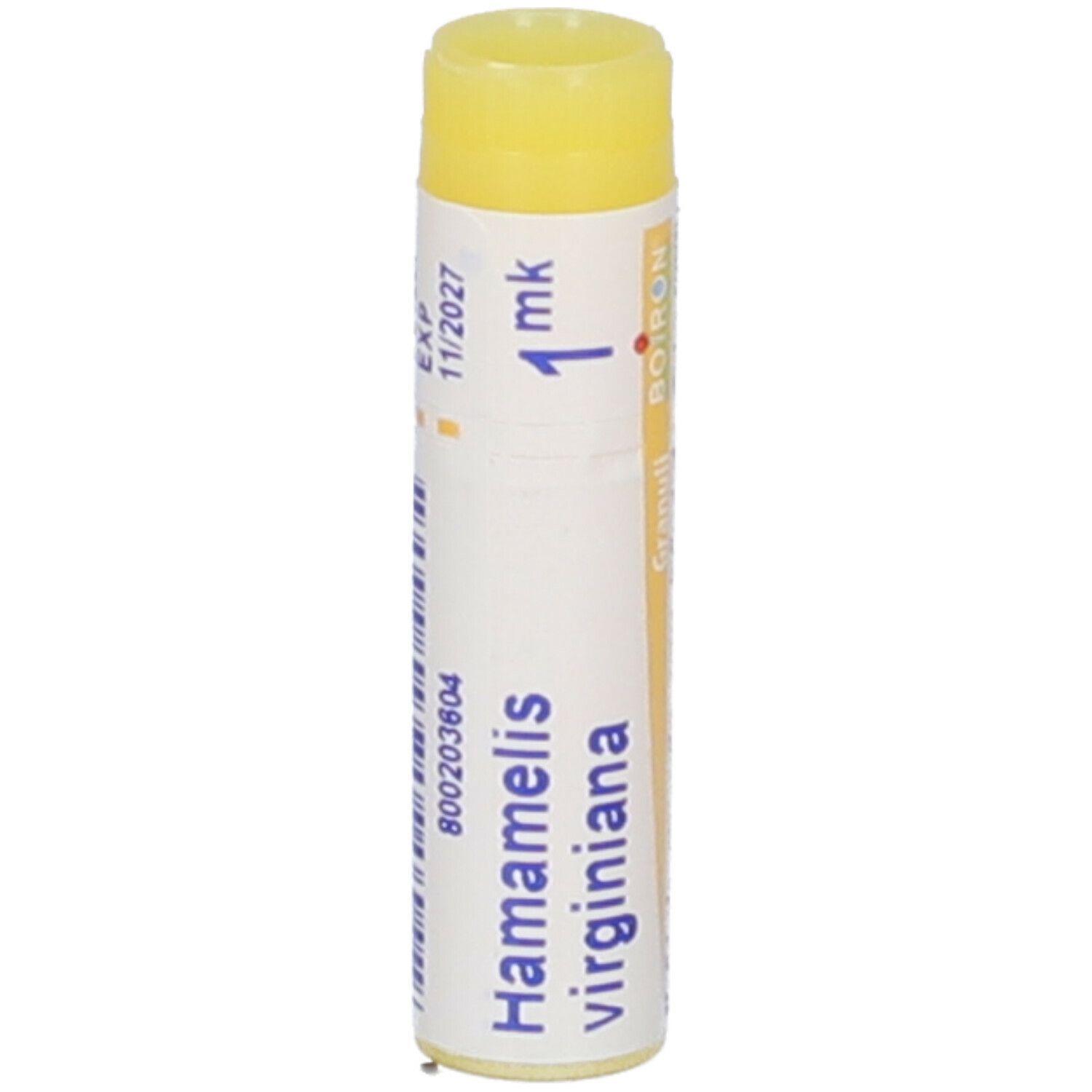 Confezione cilindrica con tappo giallo. Scritta: Hamamelis virginiana, 1 mk, BOIRON, Granuli.