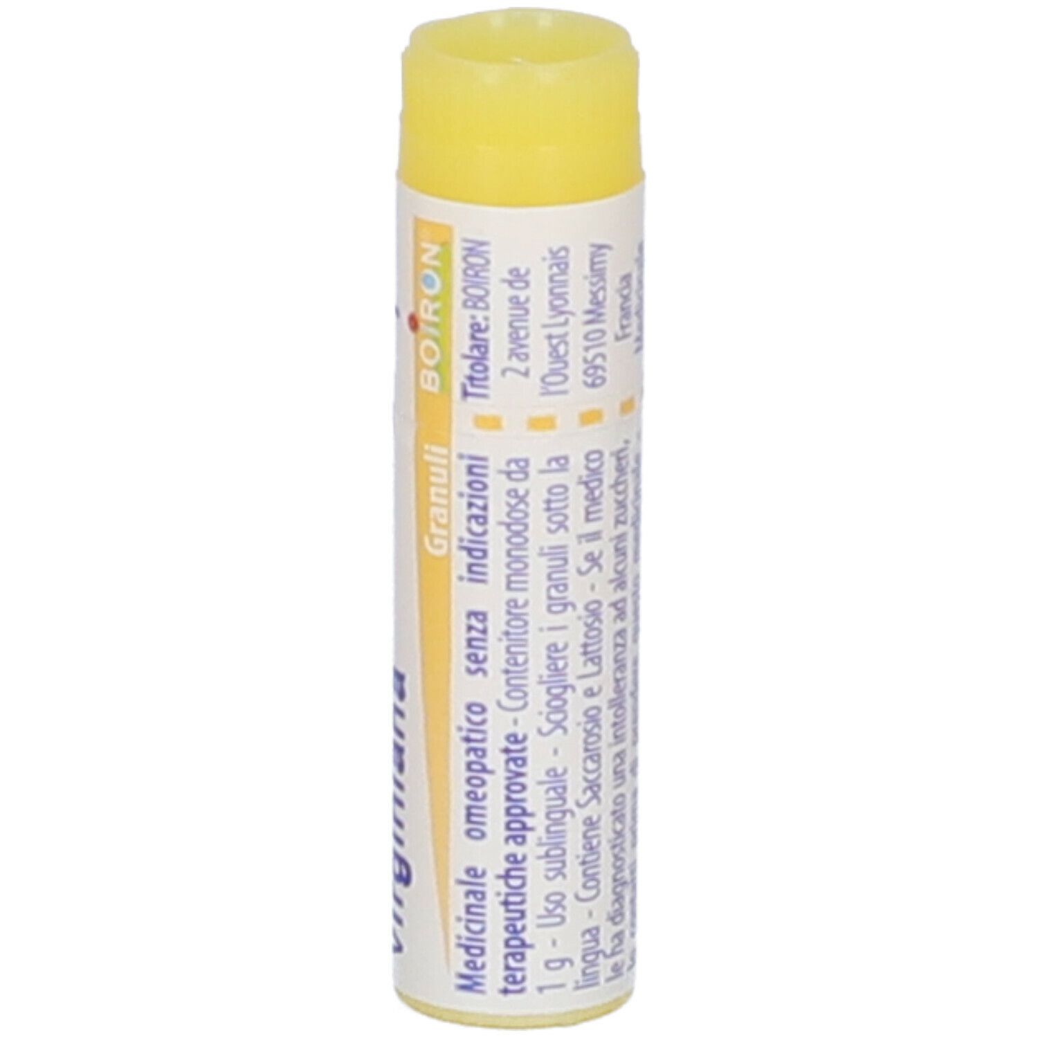 Confezione cilindrica con tappo giallo. Scritta: Hamamelis virginiana, 1 mk, BOIRON, Granuli.