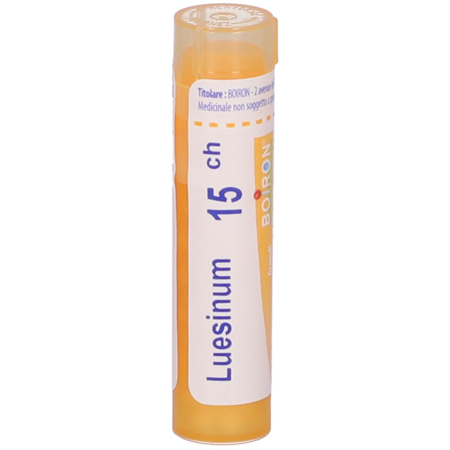 Confezione cilindrica gialla. Scritta: Luesinum 15 ch, BOIRON. Coperchio trasparente.