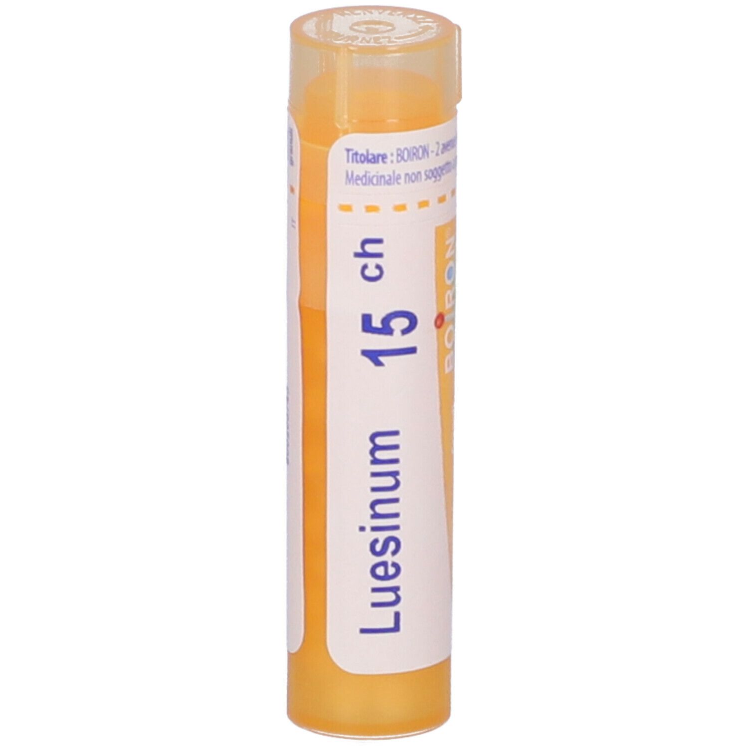 Confezione cilindrica gialla. Scritta: Luesinum 15 ch, BOIRON. Coperchio trasparente.