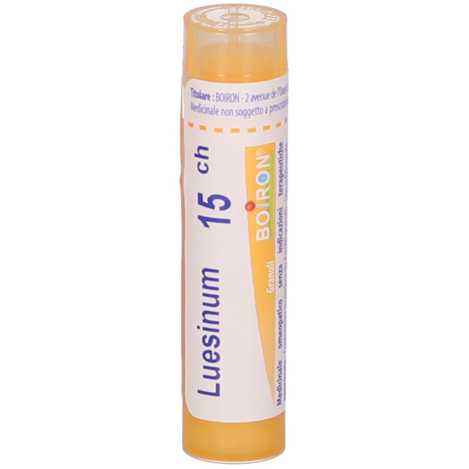 Confezione cilindrica gialla. Scritta: Luesinum 15 ch, BOIRON. Coperchio trasparente.