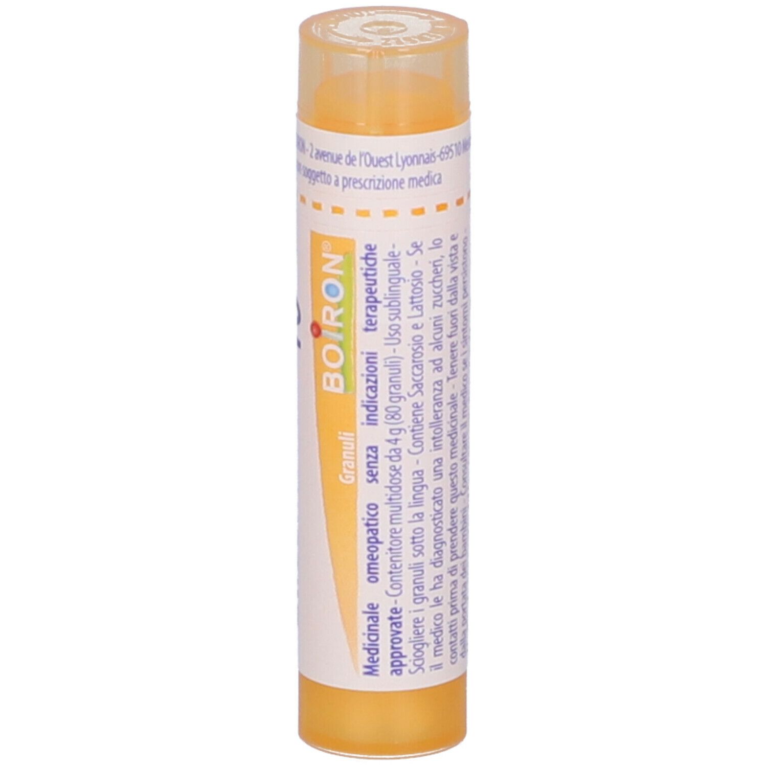 Confezione cilindrica gialla. Scritta: BOIRON, Granuli, Medicinale. Coperchio trasparente.