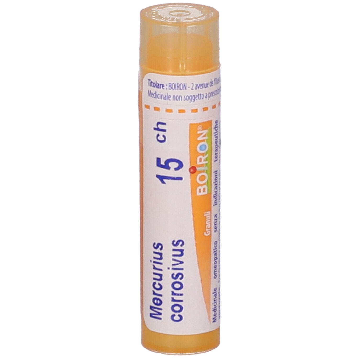 Tubo cilindrico giallo con scritte bianche. 'Mercurius corrosivus 15 ch' e logo BOIRON. Coperchio trasparente.